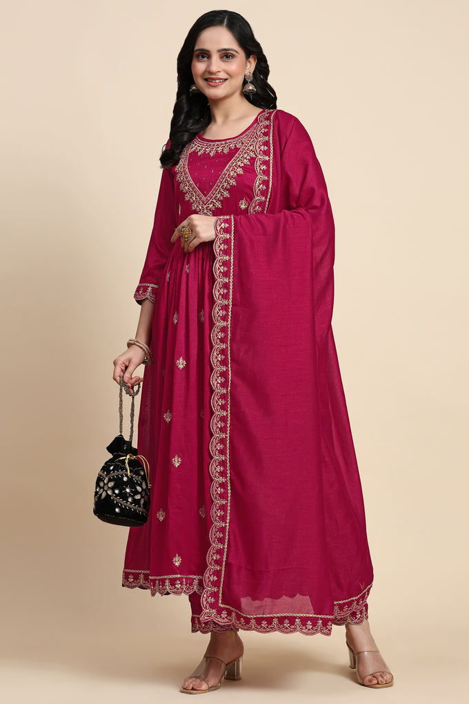 Pink Vichitra Silk Sequence Embroidery Anarkali Salwar Suit Set With Dupatta for Women's Trendmallsin