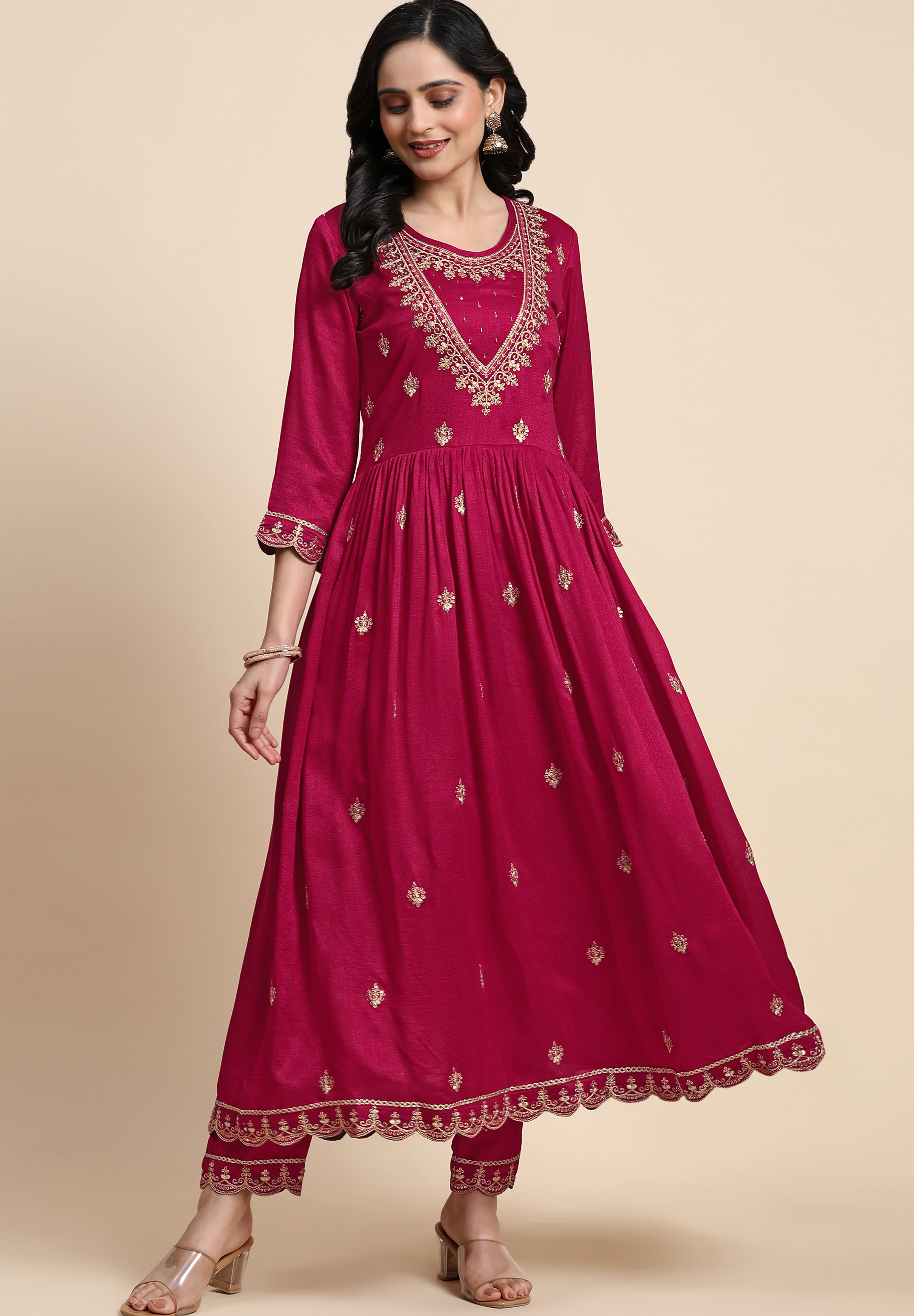Pink Vichitra Silk Sequence Embroidery Anarkali Salwar Suit Set With Dupatta for Women's Trendmallsin