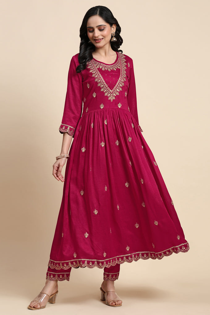 Pink Vichitra Silk Sequence Embroidery Anarkali Salwar Suit Set With Dupatta for Women's Trendmallsin