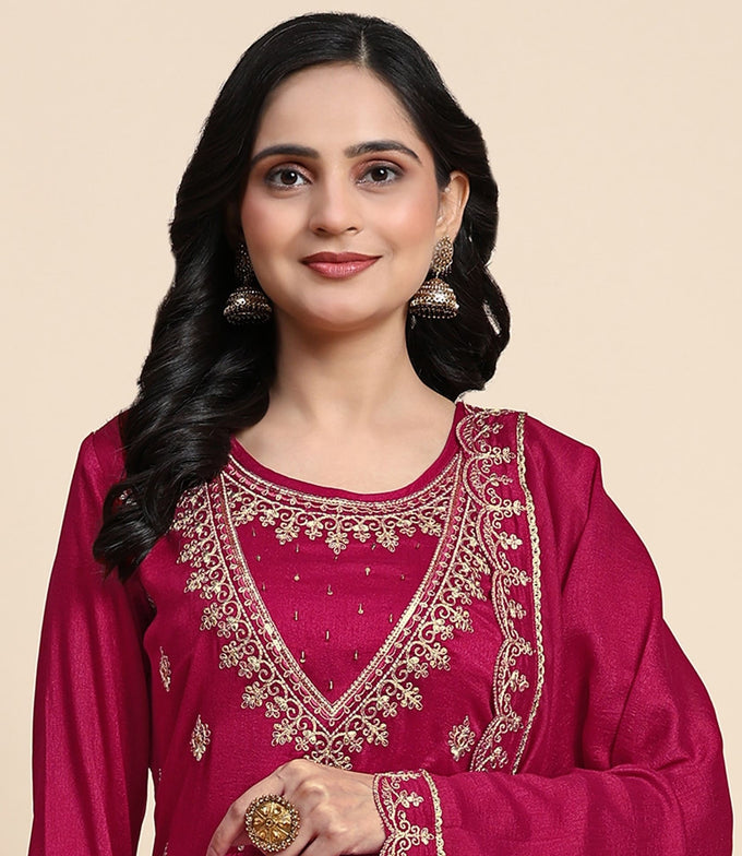 Pink Vichitra Silk Sequence Embroidery Anarkali Salwar Suit Set With Dupatta for Women's Trendmallsin