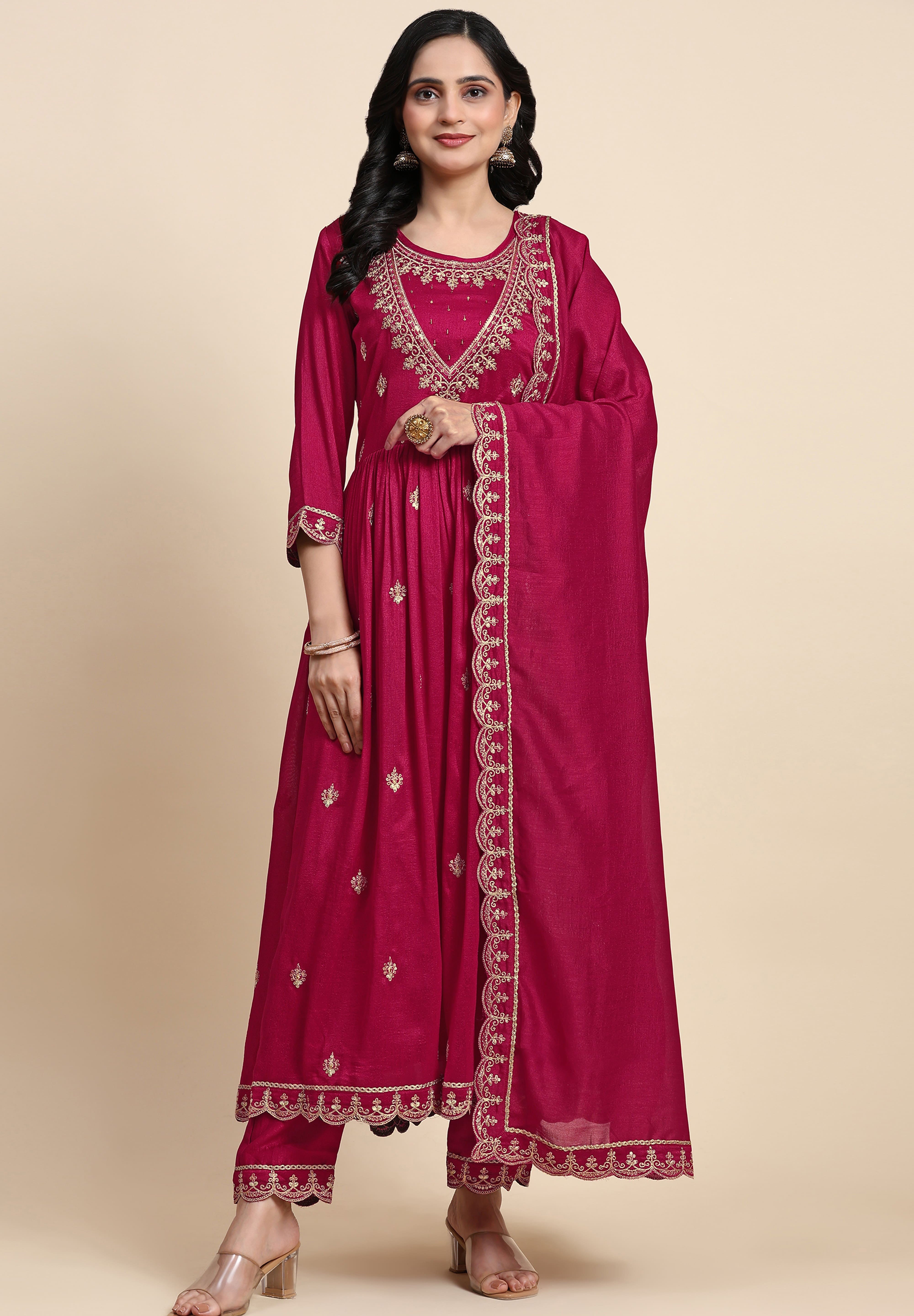Pink Vichitra Silk Sequence Embroidery Anarkali Salwar Suit Set With Dupatta for Women's Trendmallsin