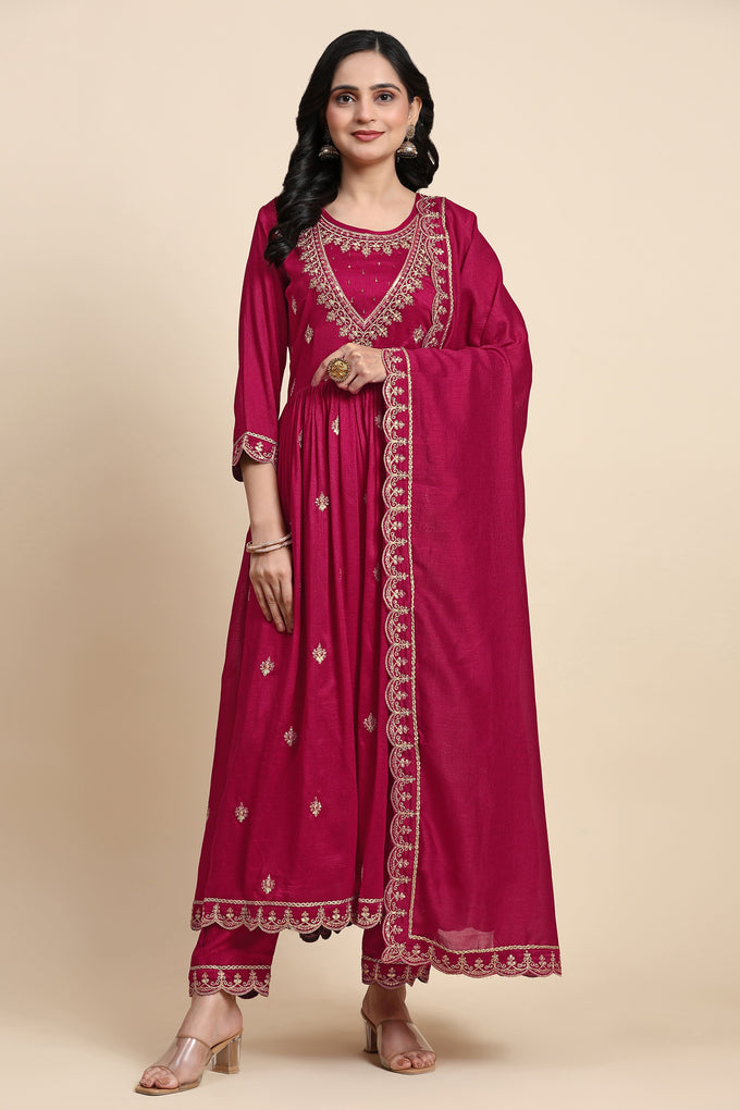 Pink Vichitra Silk Sequence Embroidery Anarkali Salwar Suit Set With Dupatta for Women's Trendmallsin