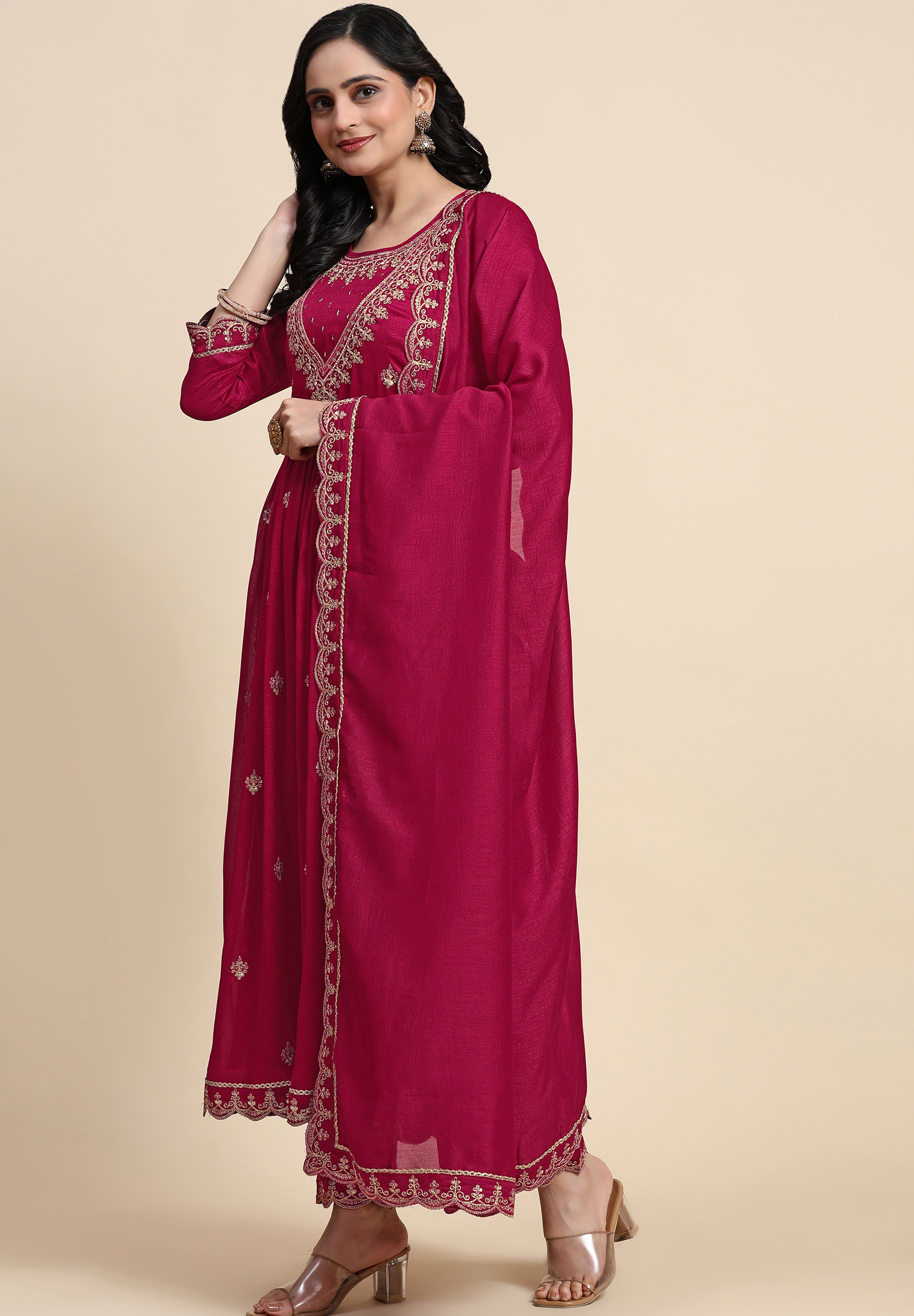 Pink Vichitra Silk Sequence Embroidery Anarkali Salwar Suit Set With Dupatta for Women's Trendmallsin