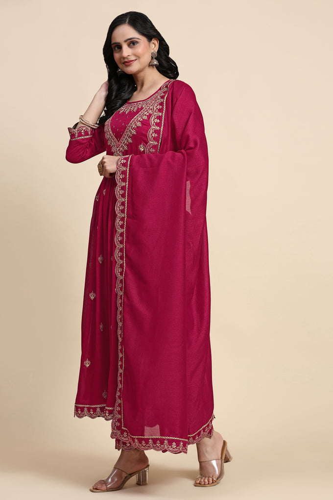 Pink Vichitra Silk Sequence Embroidery Anarkali Salwar Suit Set With Dupatta for Women's Trendmallsin
