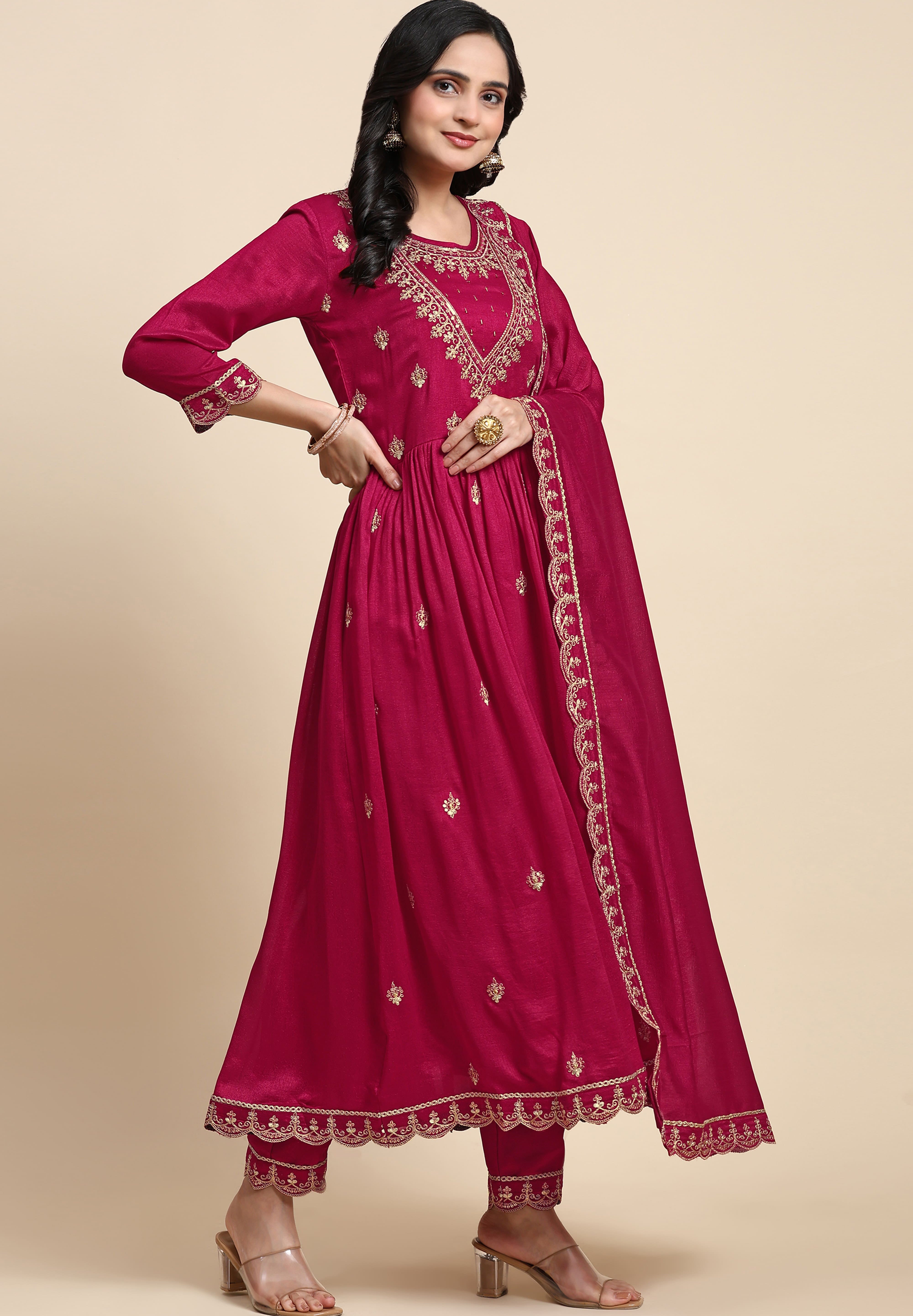 Pink Vichitra Silk Sequence Embroidery Anarkali Salwar Suit Set With Dupatta for Women's Trendmallsin