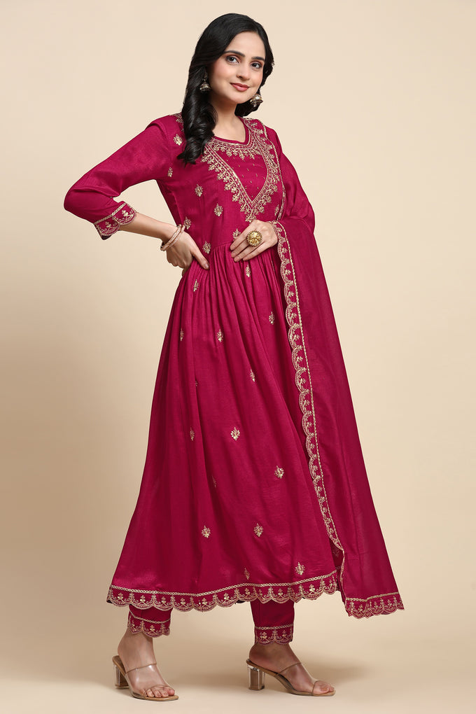 Pink Vichitra Silk Sequence Embroidery Anarkali Salwar Suit Set With Dupatta for Women's Trendmallsin
