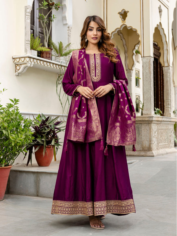 Women's Vichitra Silk Anarkali Suit Set with Jacquard Dupatta for Women Kurta Set for Women Trendmallsin