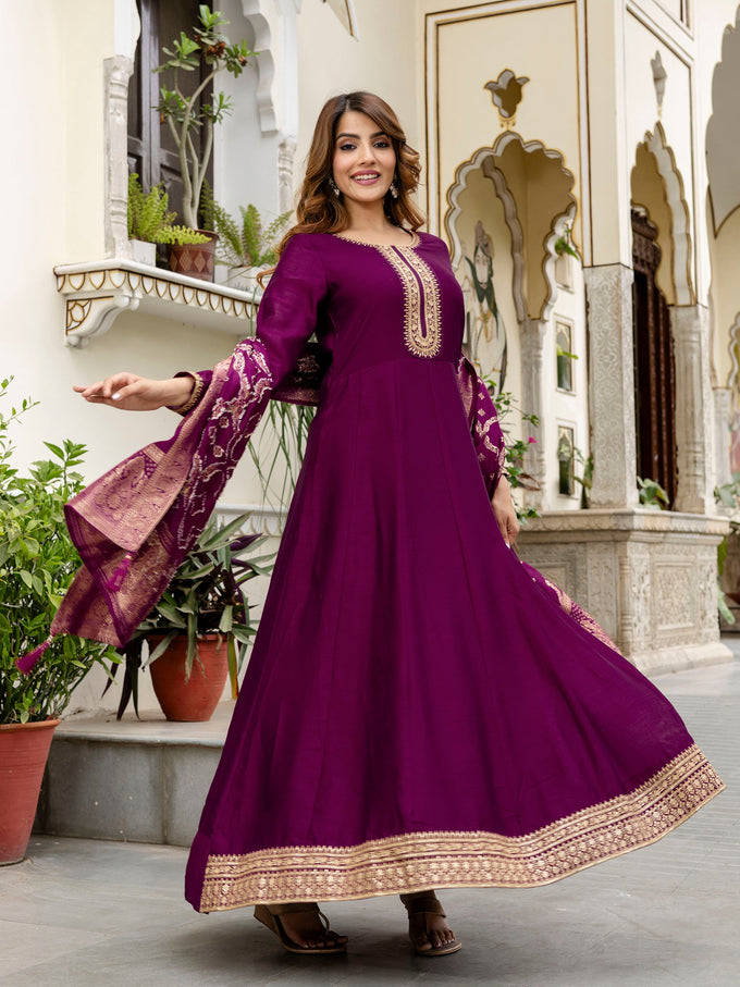 Women's Vichitra Silk Anarkali Suit Set with Jacquard Dupatta for Women Kurta Set for Women Trendmallsin