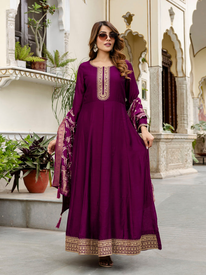 Women's Vichitra Silk Anarkali Suit Set with Jacquard Dupatta for Women Kurta Set for Women Trendmallsin