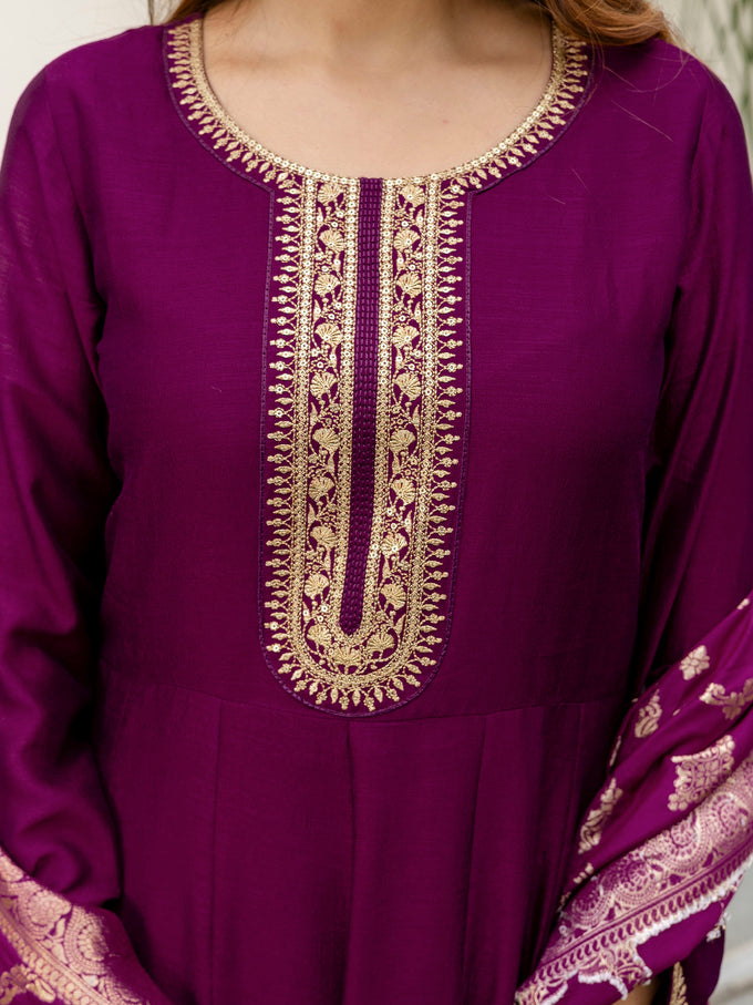 Women's Vichitra Silk Anarkali Suit Set with Jacquard Dupatta for Women Kurta Set for Women Trendmallsin