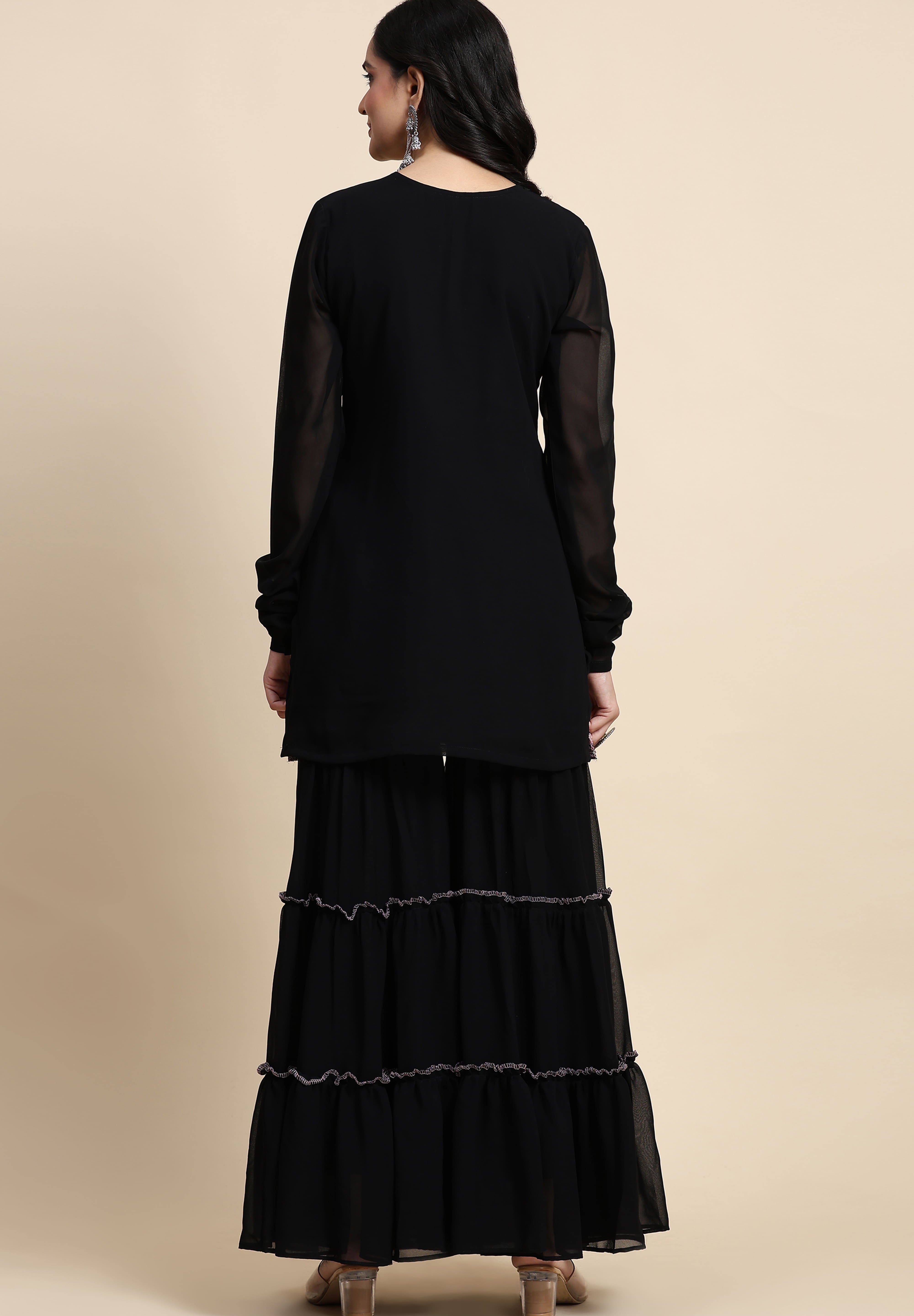 Black Georgette Embroidery Kurta Sharara Set with Dupatta For Women's Trendmallsin