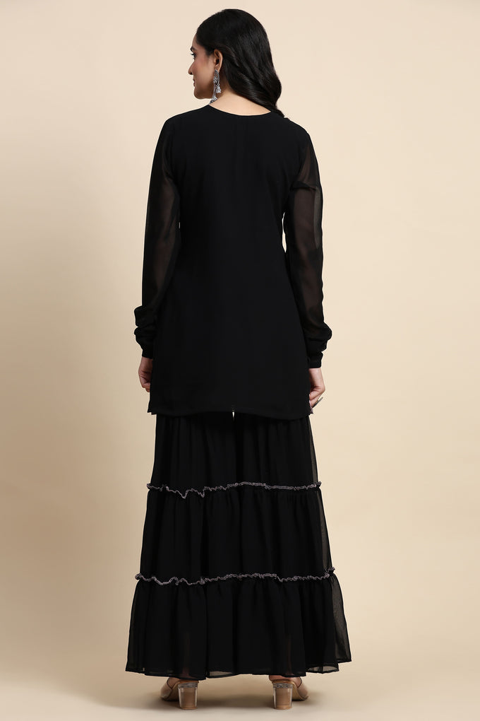 Black Georgette Embroidery Kurta Sharara Set with Dupatta For Women's Trendmallsin