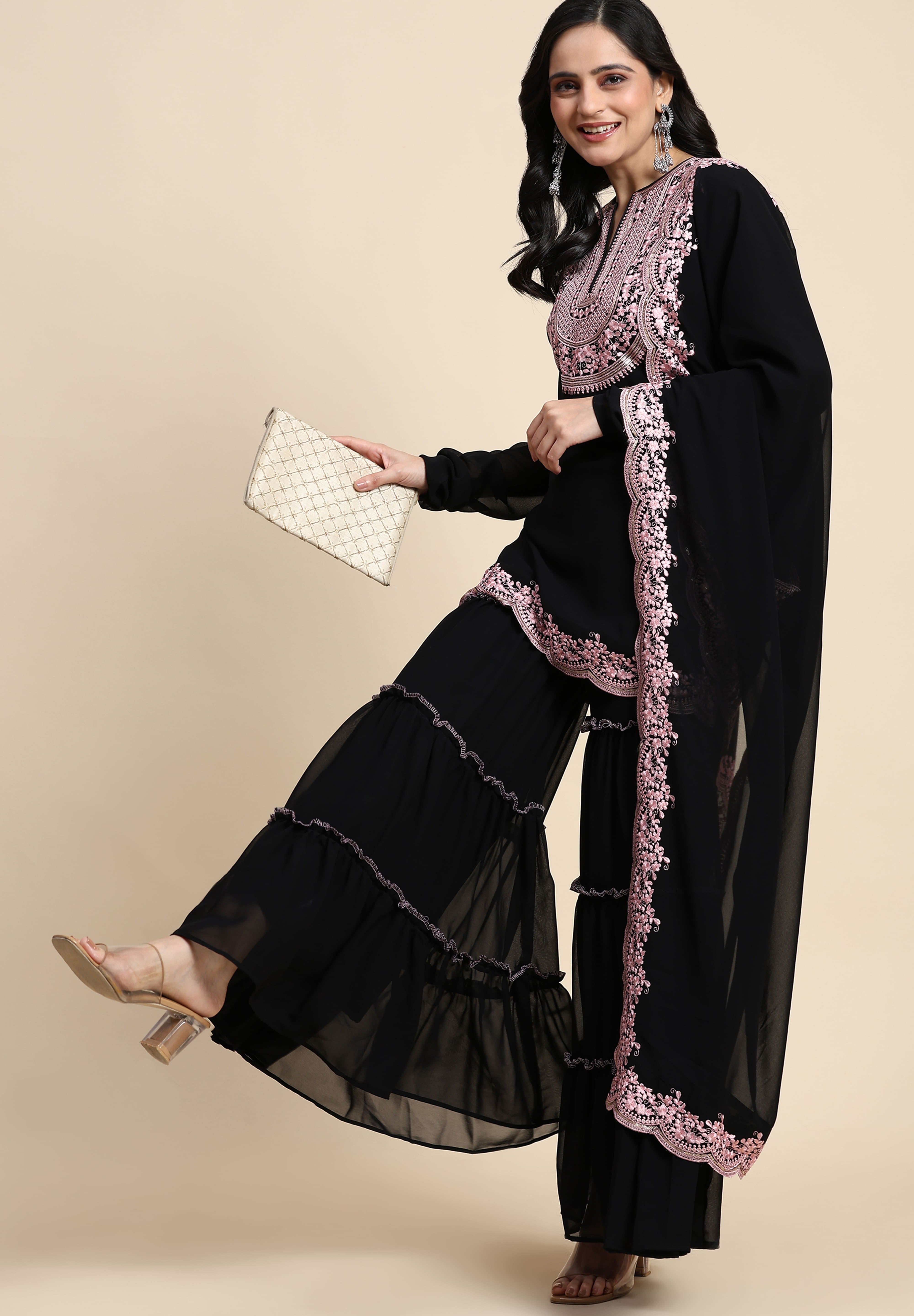 Black Georgette Embroidery Kurta Sharara Set with Dupatta For Women's Trendmallsin