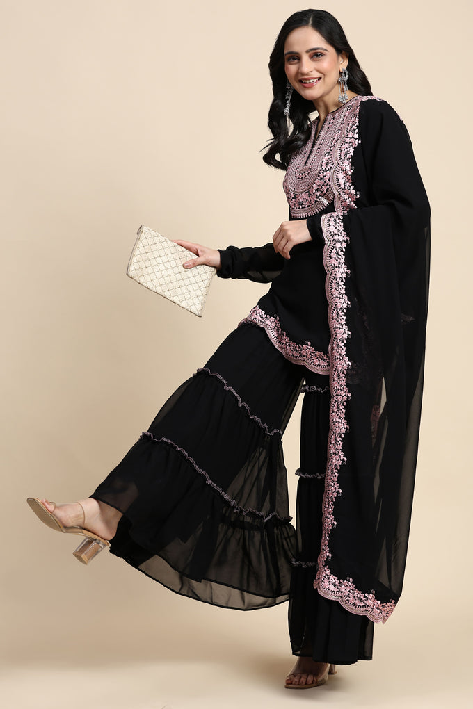 Black Georgette Embroidery Kurta Sharara Set with Dupatta For Women's Trendmallsin