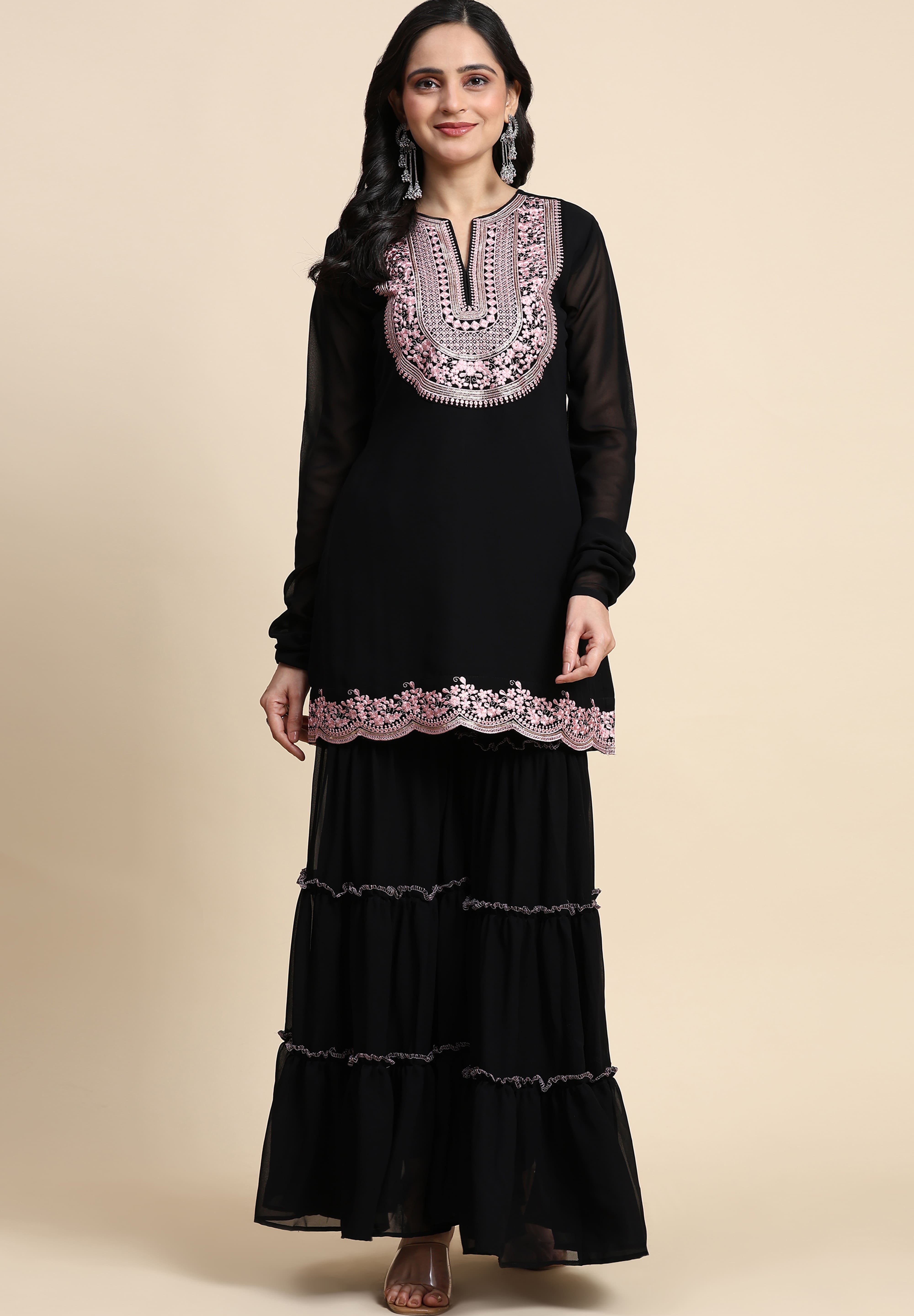 Black Georgette Embroidery Kurta Sharara Set with Dupatta For Women's Trendmallsin