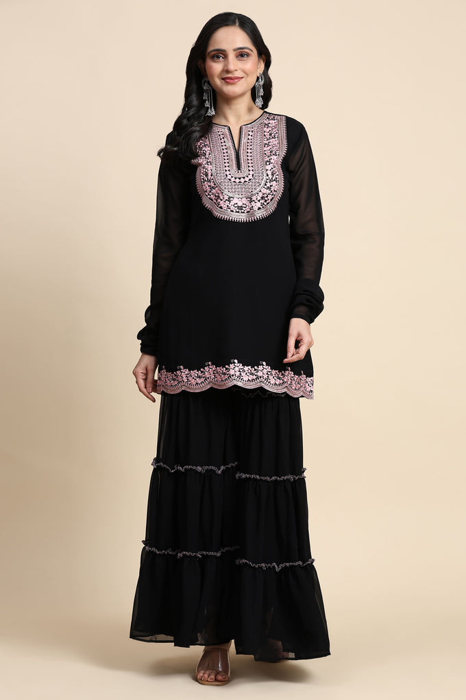 Black Georgette Embroidery Kurta Sharara Set with Dupatta For Women's Trendmallsin