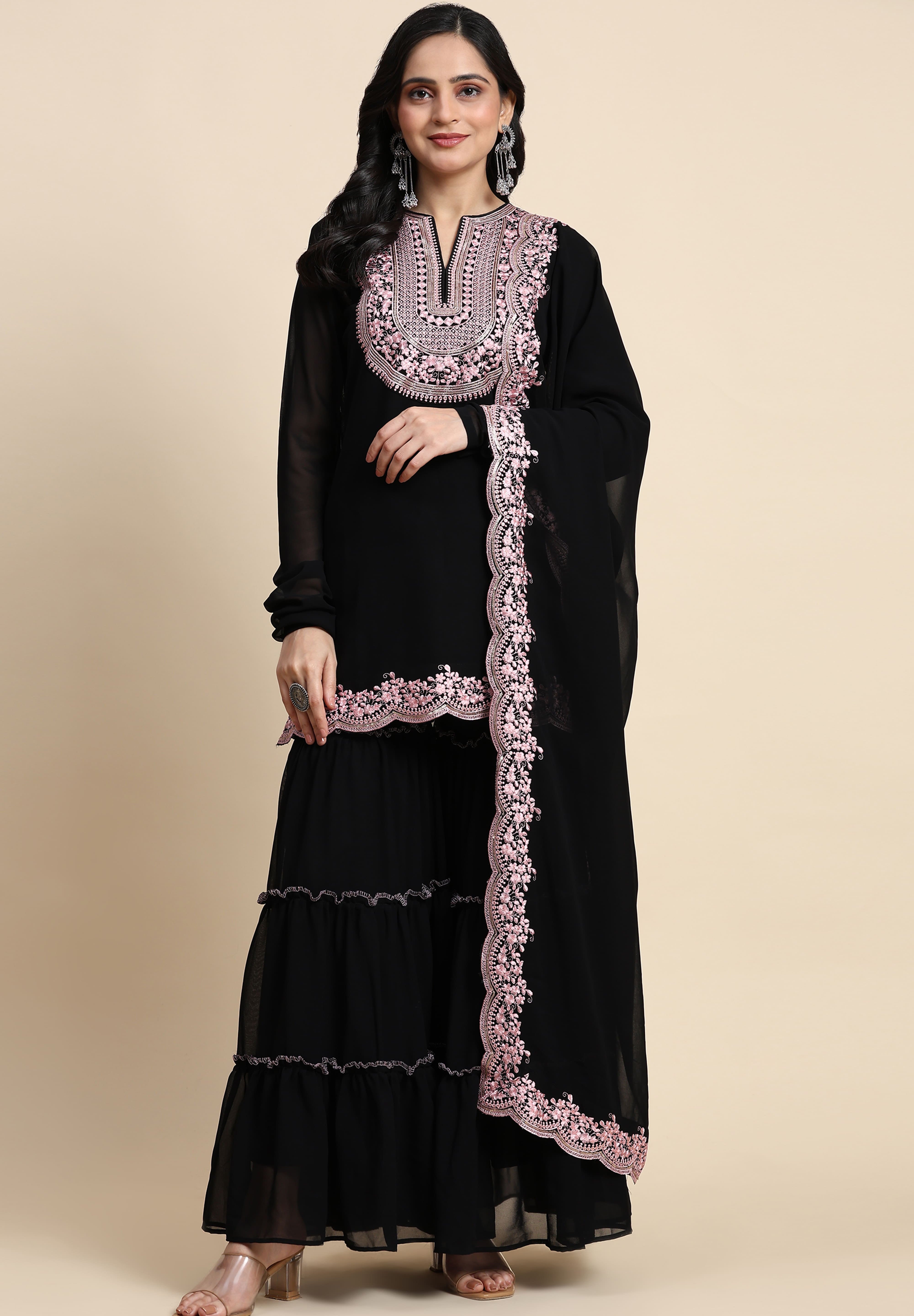 Black Georgette Embroidery Kurta Sharara Set with Dupatta For Women's Trendmallsin