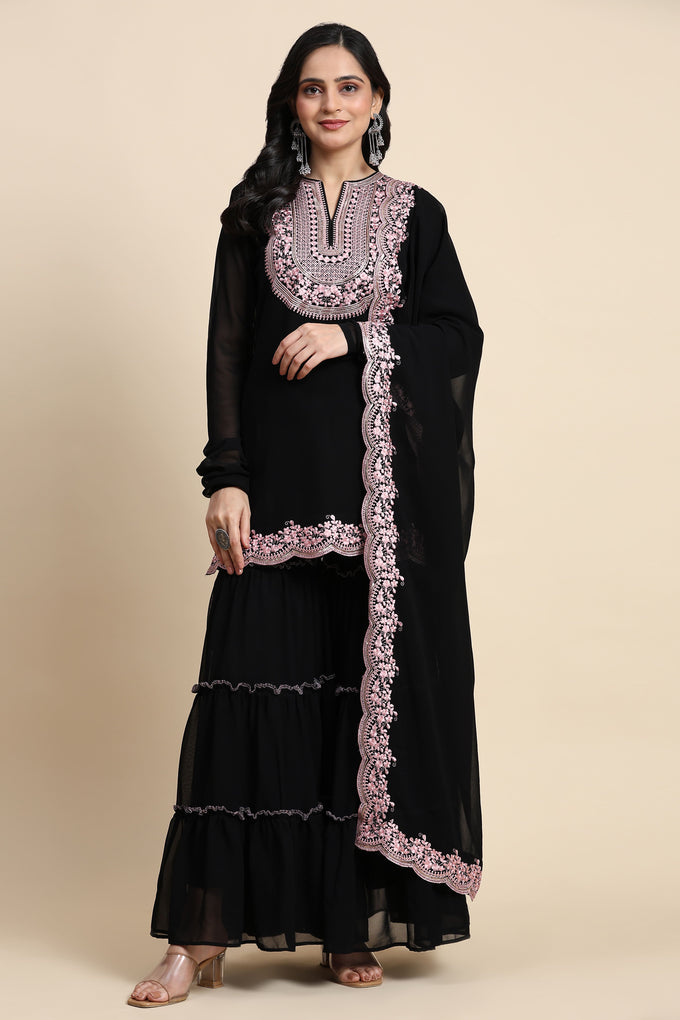 Black Georgette Embroidery Kurta Sharara Set with Dupatta For Women's Trendmallsin