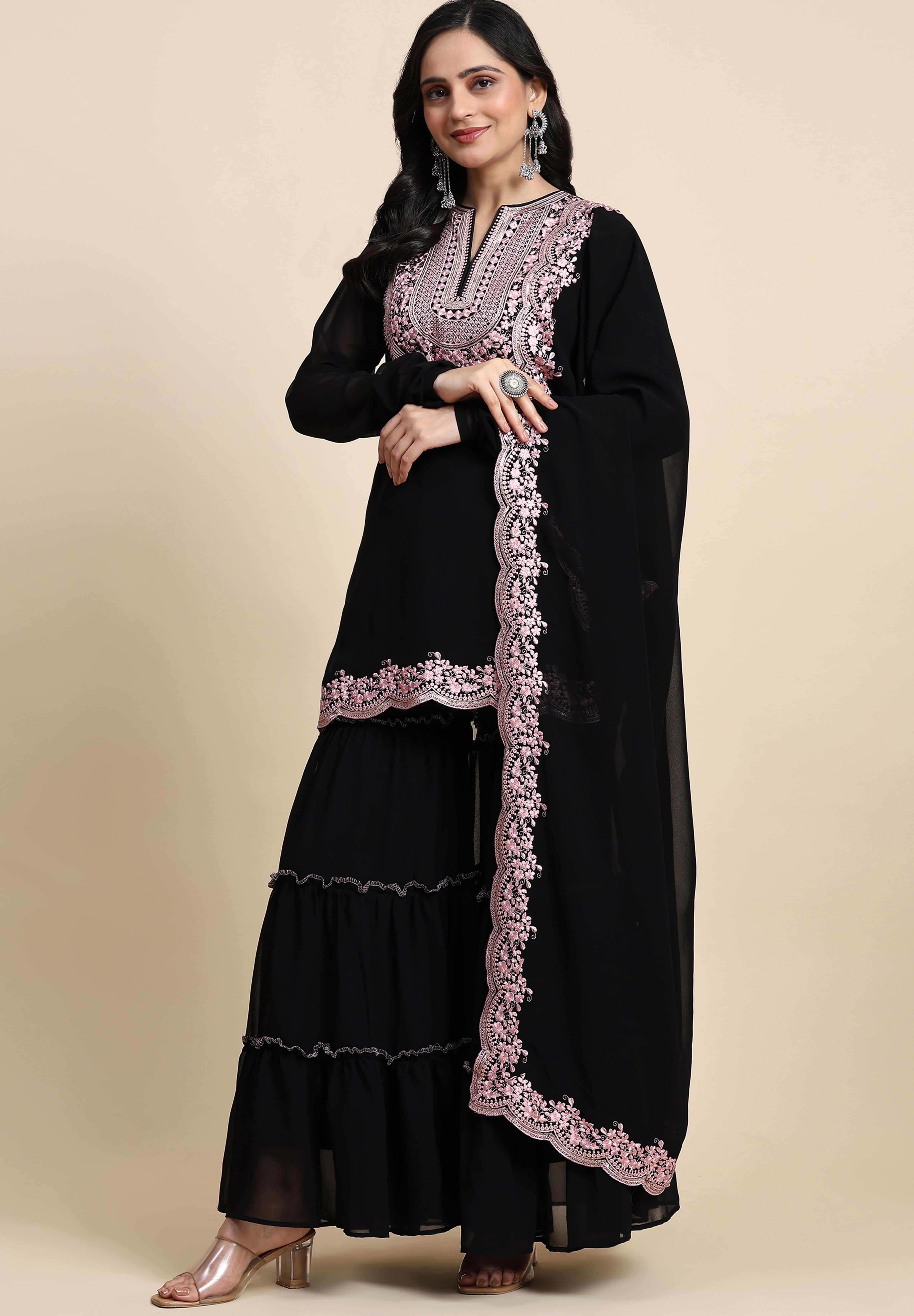 Black Georgette Embroidery Kurta Sharara Set with Dupatta For Women's Trendmallsin