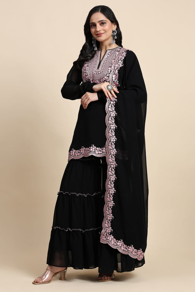 Black Georgette Embroidery Kurta Sharara Set with Dupatta For Women's Trendmallsin