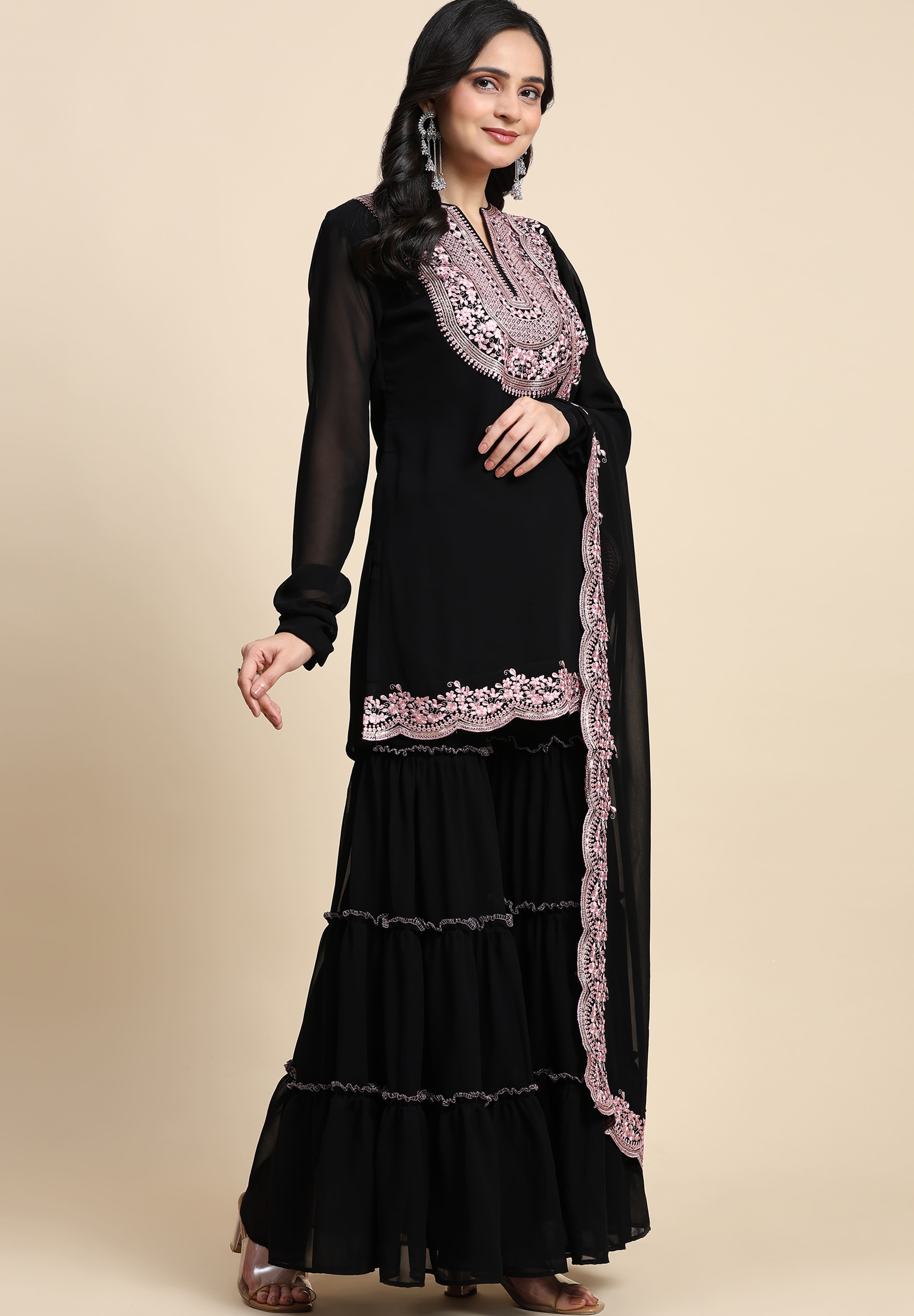 Black Georgette Embroidery Kurta Sharara Set with Dupatta For Women's Trendmallsin