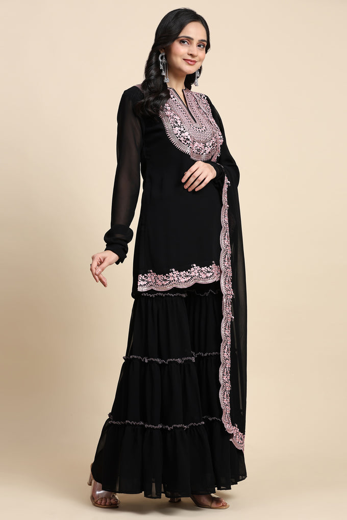 Black Georgette Embroidery Kurta Sharara Set with Dupatta For Women's Trendmallsin