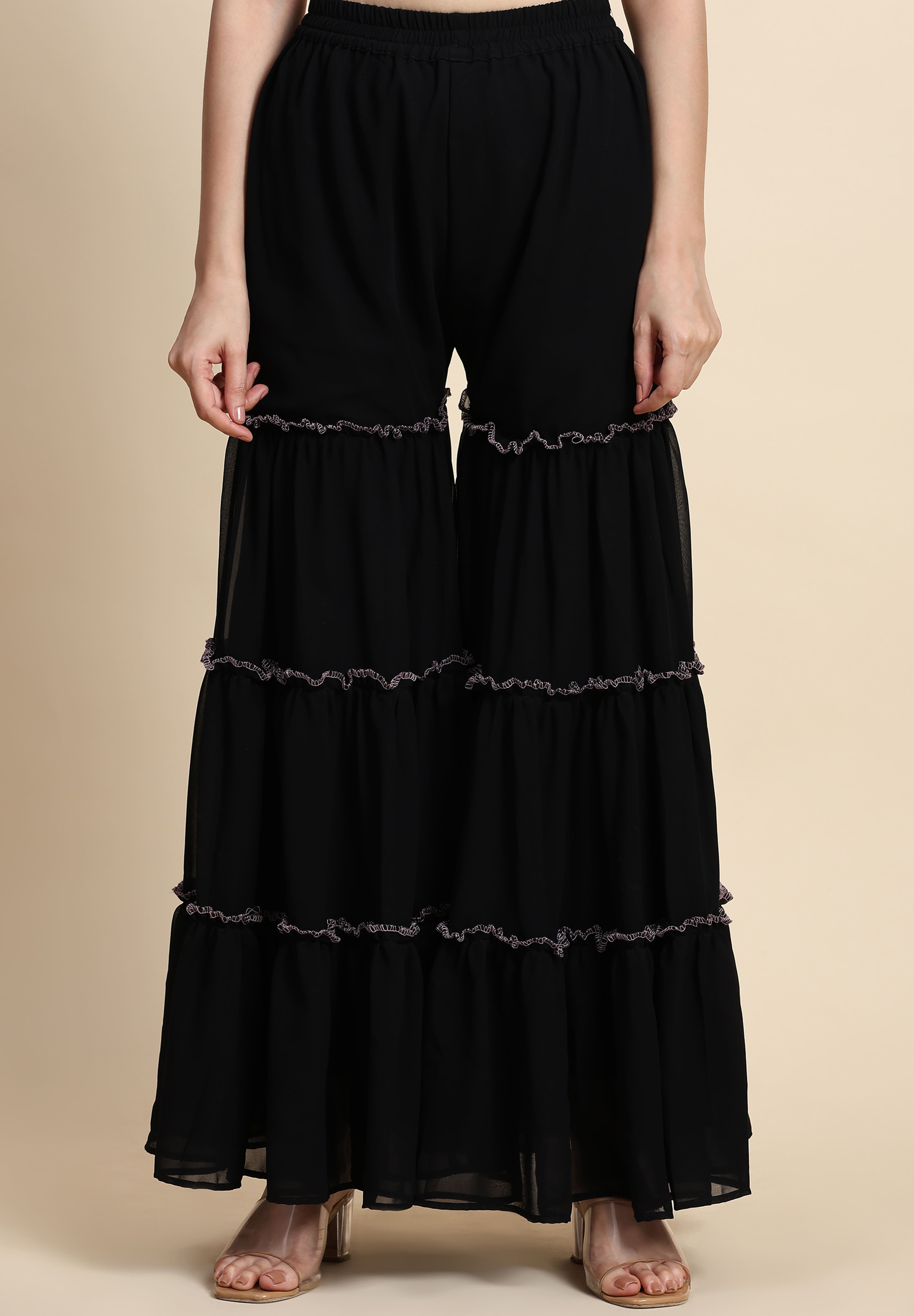 Black Georgette Embroidery Kurta Sharara Set with Dupatta For Women's Trendmallsin