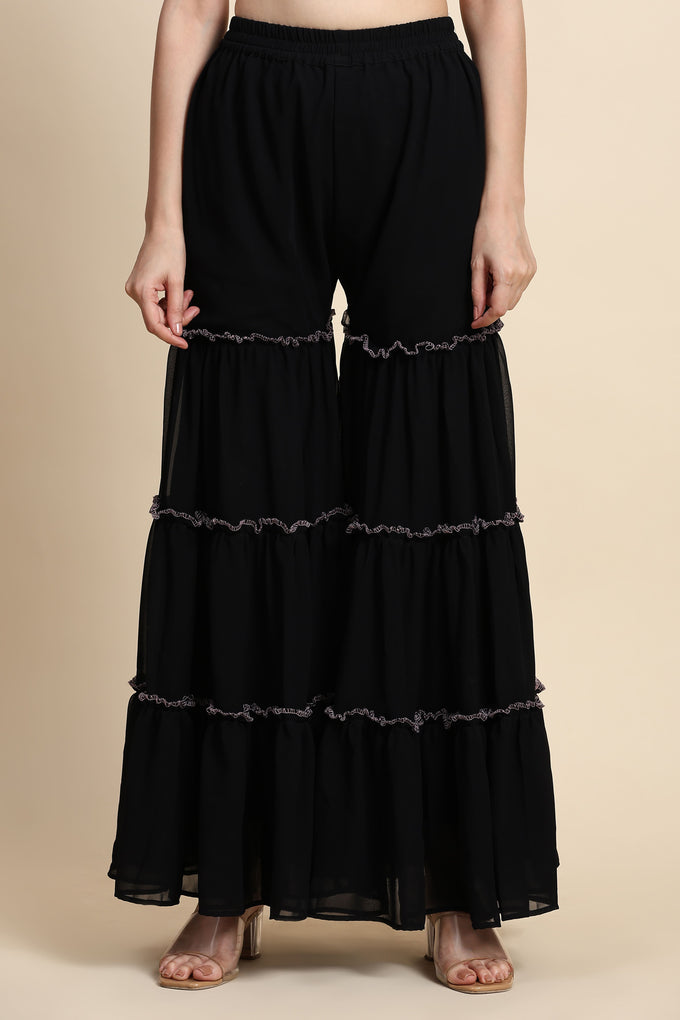 Black Georgette Embroidery Kurta Sharara Set with Dupatta For Women's Trendmallsin