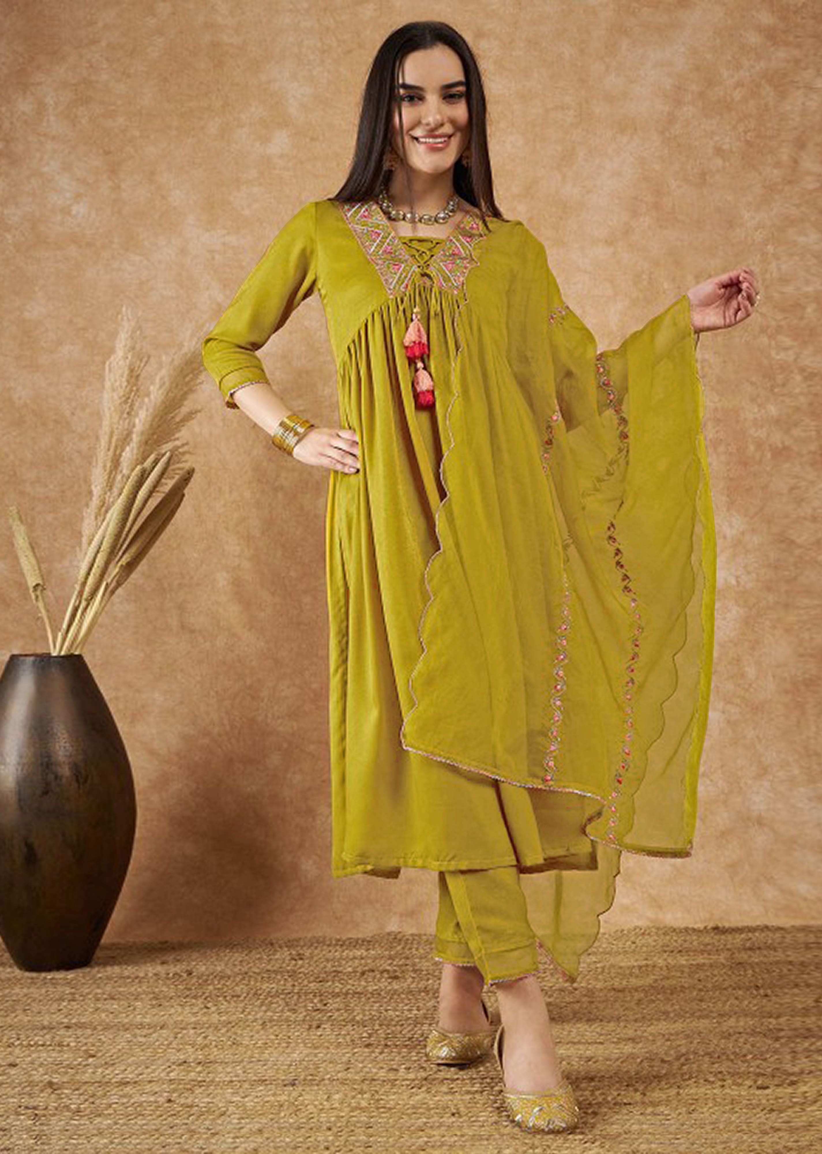 Yellow Art Silk Embroidery Salwar Suit Set with Floral Printed Dupatta For Women's Trendmallsin