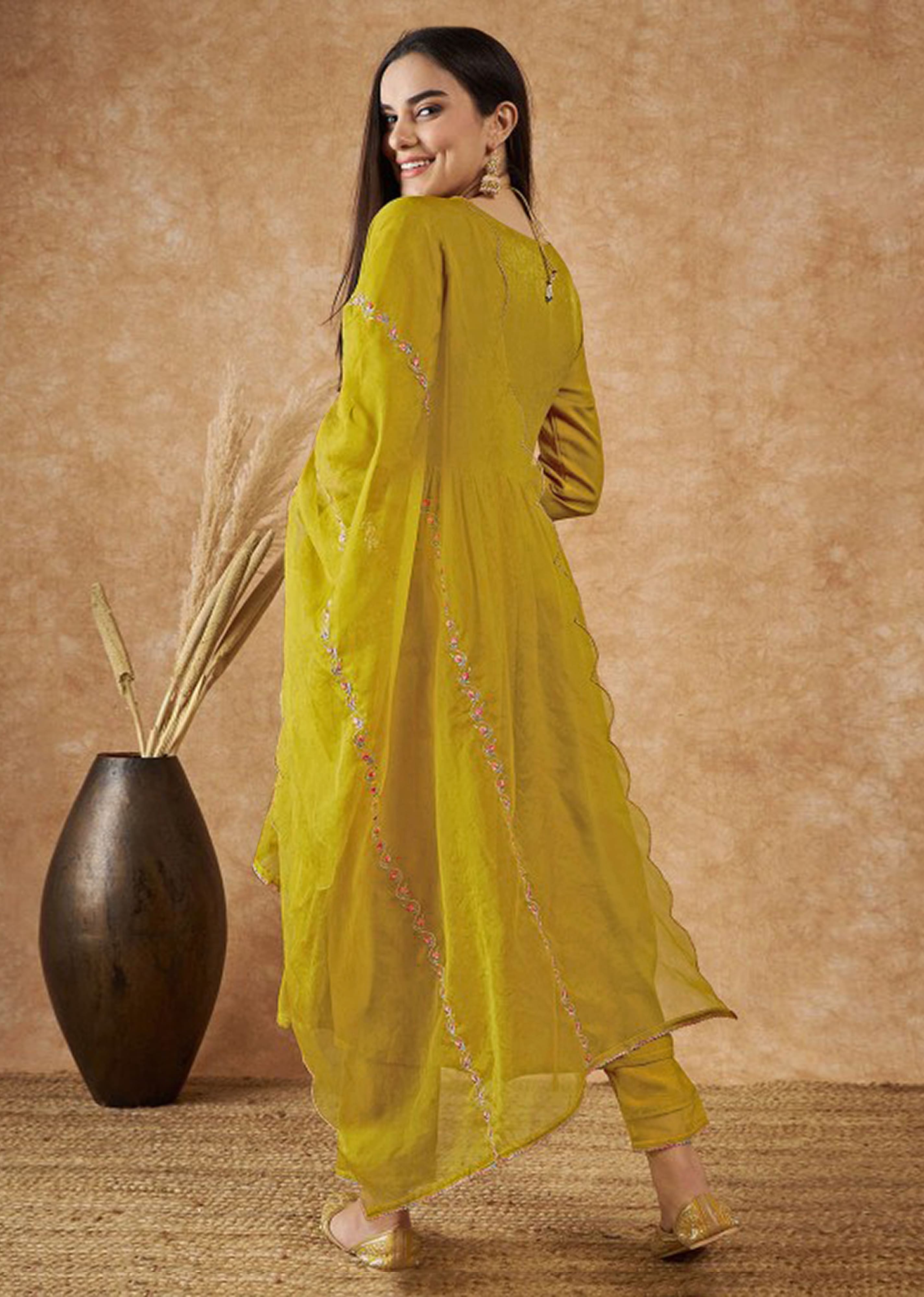 Yellow Art Silk Embroidery Salwar Suit Set with Floral Printed Dupatta For Women's Trendmallsin