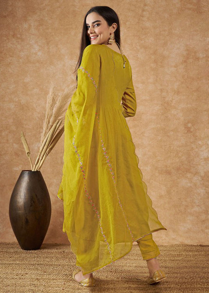 Yellow Art Silk Embroidery Salwar Suit Set with Floral Printed Dupatta For Women's Trendmallsin