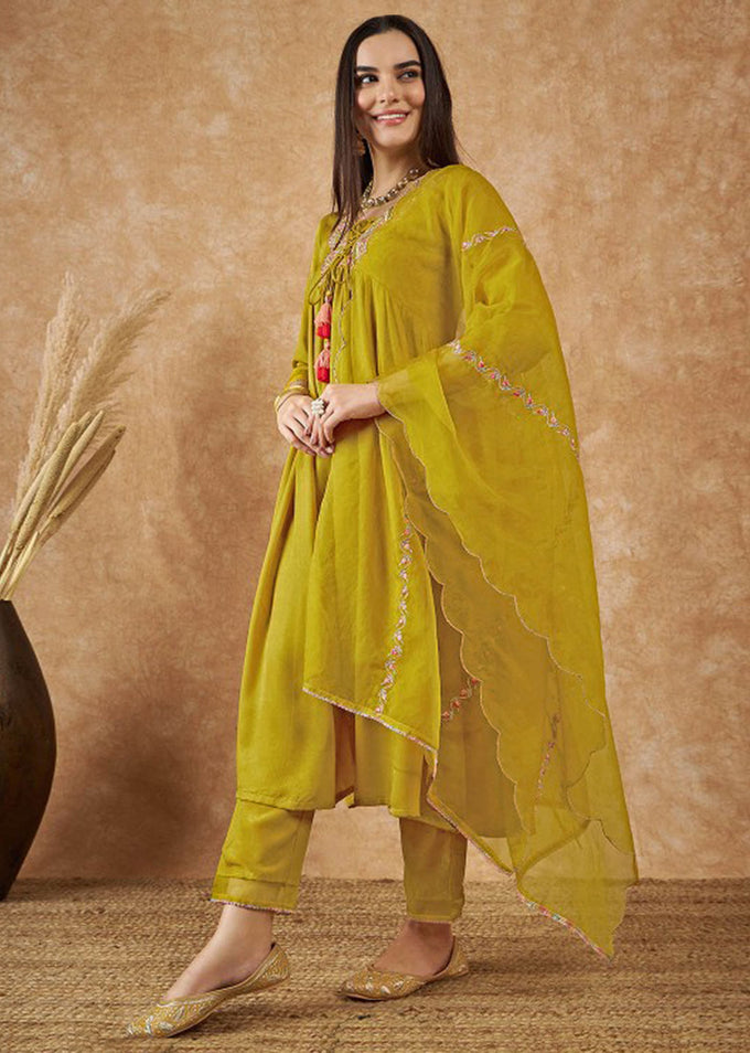 Yellow Art Silk Embroidery Salwar Suit Set with Floral Printed Dupatta For Women's Trendmallsin