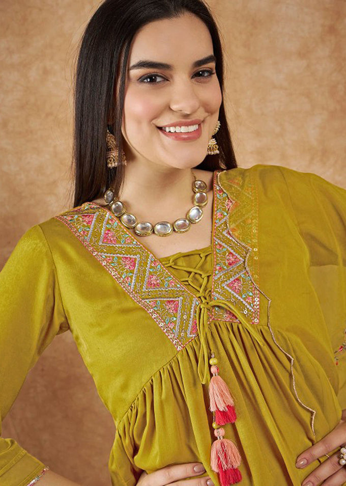 Yellow Art Silk Embroidery Salwar Suit Set with Floral Printed Dupatta For Women's Trendmallsin
