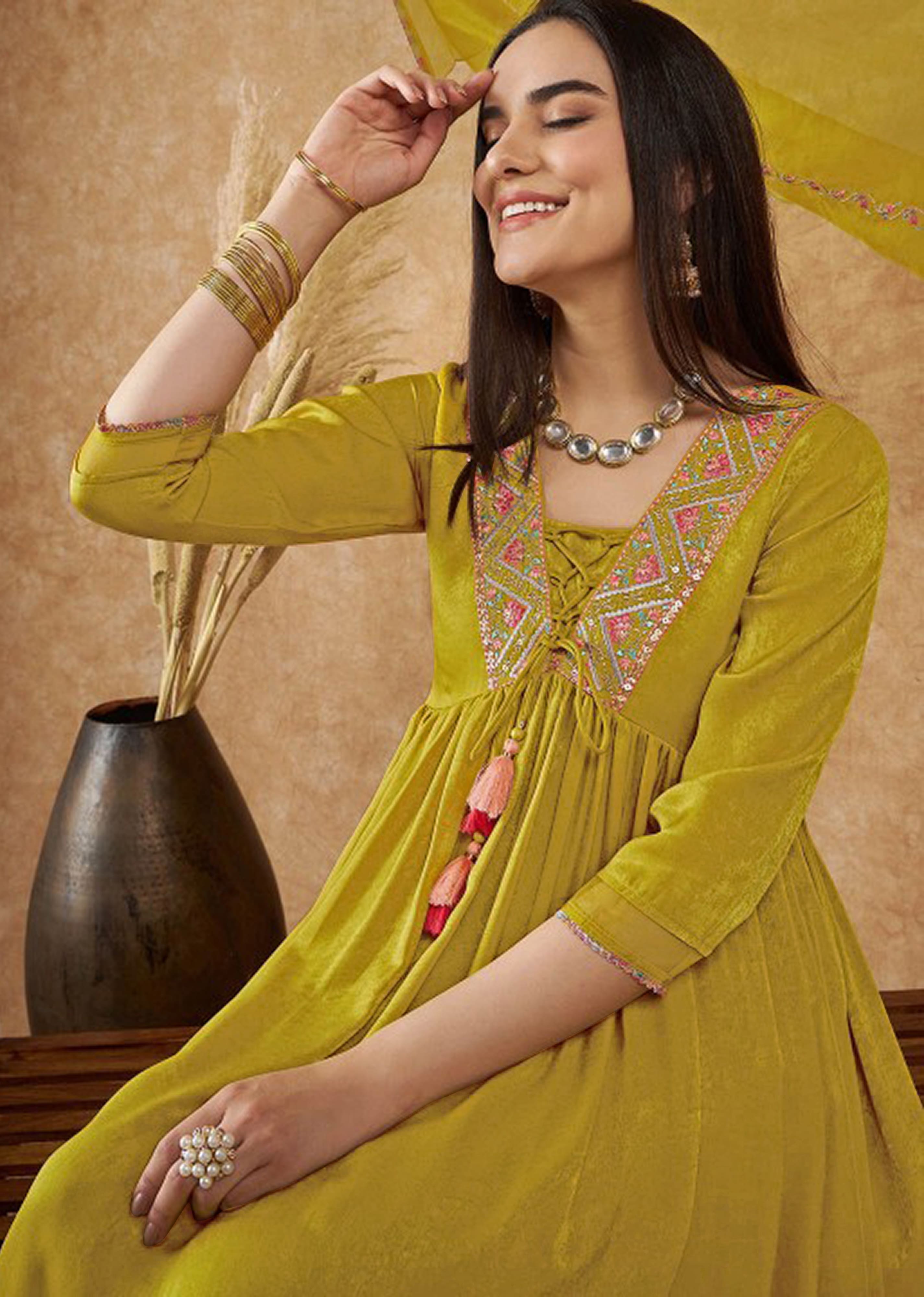 Yellow Art Silk Embroidery Salwar Suit Set with Floral Printed Dupatta For Women's Trendmallsin