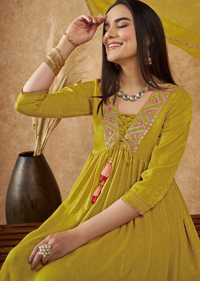 Yellow Art Silk Embroidery Salwar Suit Set with Floral Printed Dupatta For Women's Trendmallsin