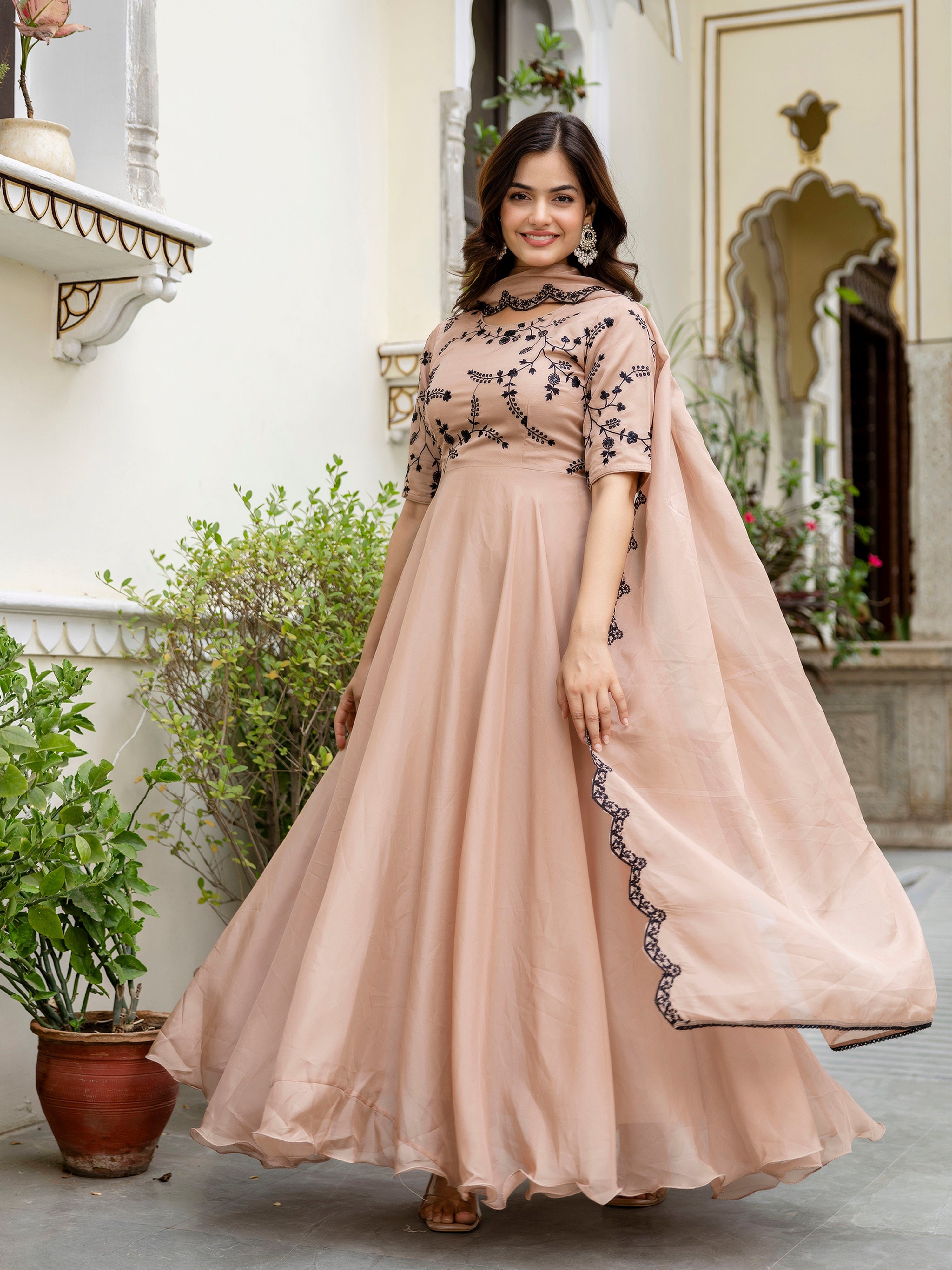 Beige Organza Embroidery Anarkali  Salwar Suit Set Kurta Set for Women's Trendmallsin