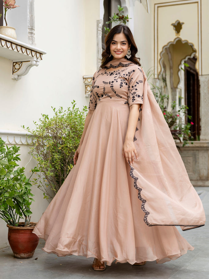Beige Organza Embroidery Anarkali  Salwar Suit Set Kurta Set for Women's Trendmallsin