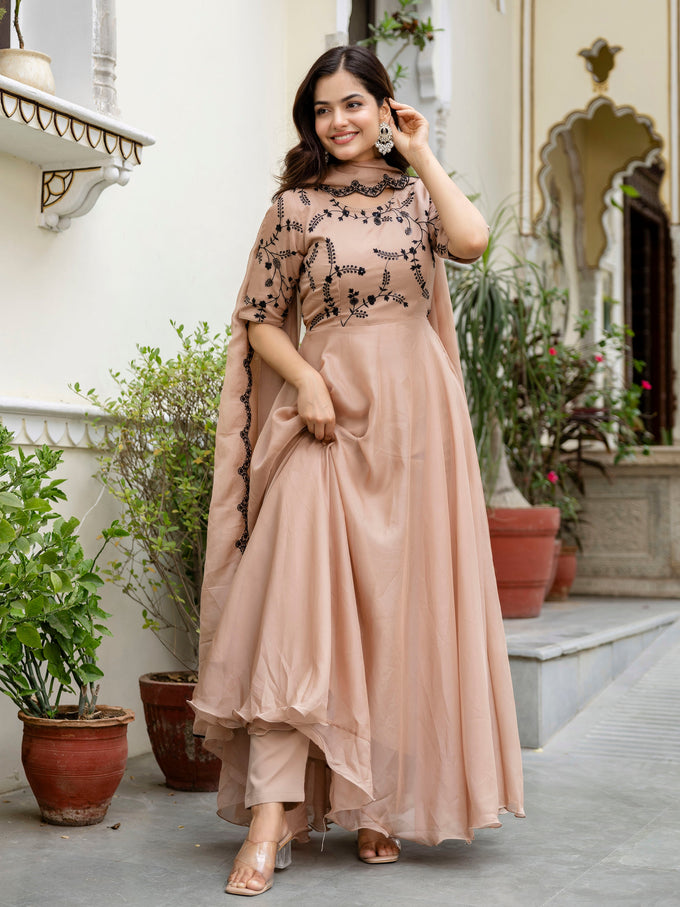 Beige Organza Embroidery Anarkali  Salwar Suit Set Kurta Set for Women's Trendmallsin