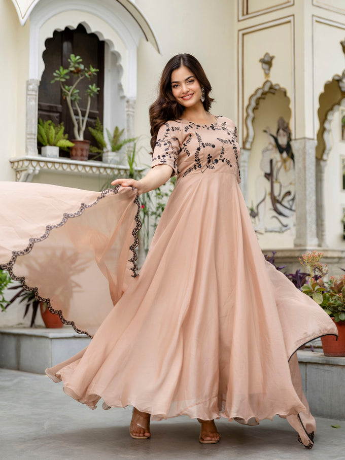 Beige Organza Embroidery Anarkali  Salwar Suit Set Kurta Set for Women's Trendmallsin