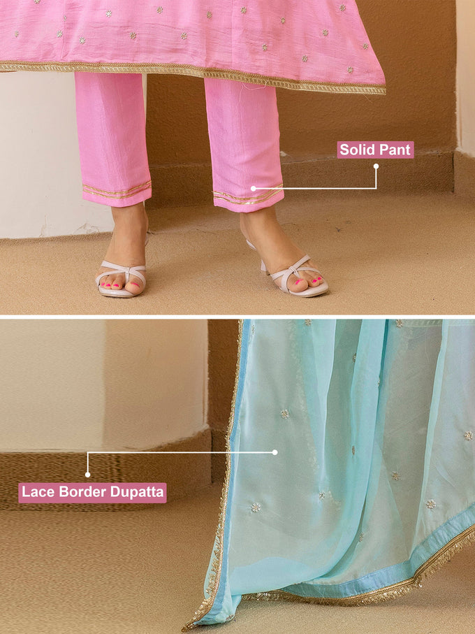 Light Pink Art Silk Embroidery work A line Kurta Pant Set with Dupatta For Women Trendmallsin