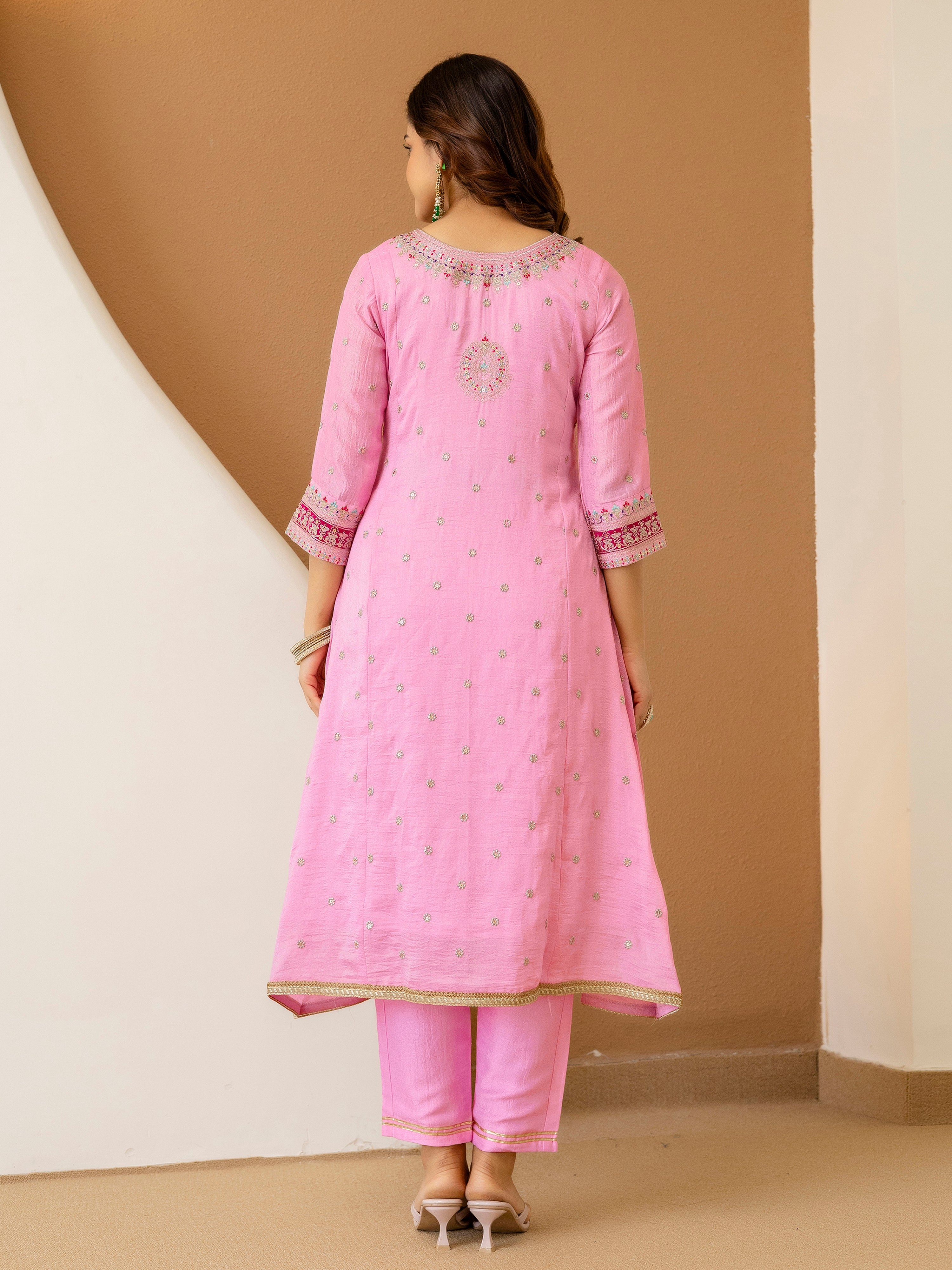 Light Pink Art Silk Embroidery work A line Kurta Pant Set with Dupatta For Women Trendmallsin