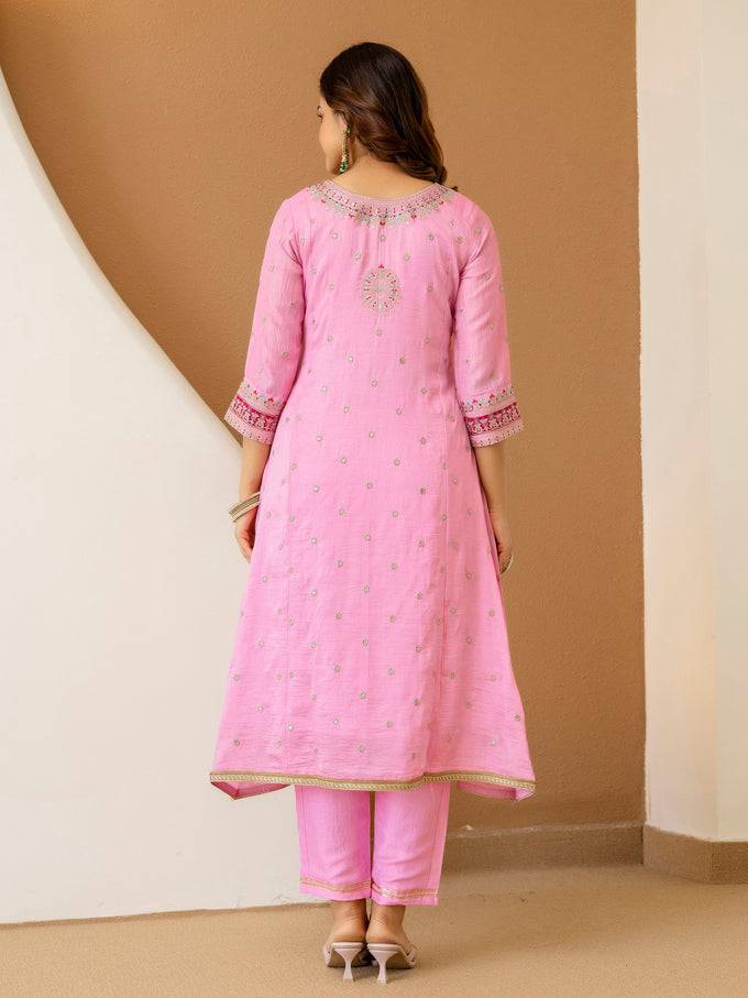 Light Pink Art Silk Embroidery work A line Kurta Pant Set with Dupatta For Women Trendmallsin