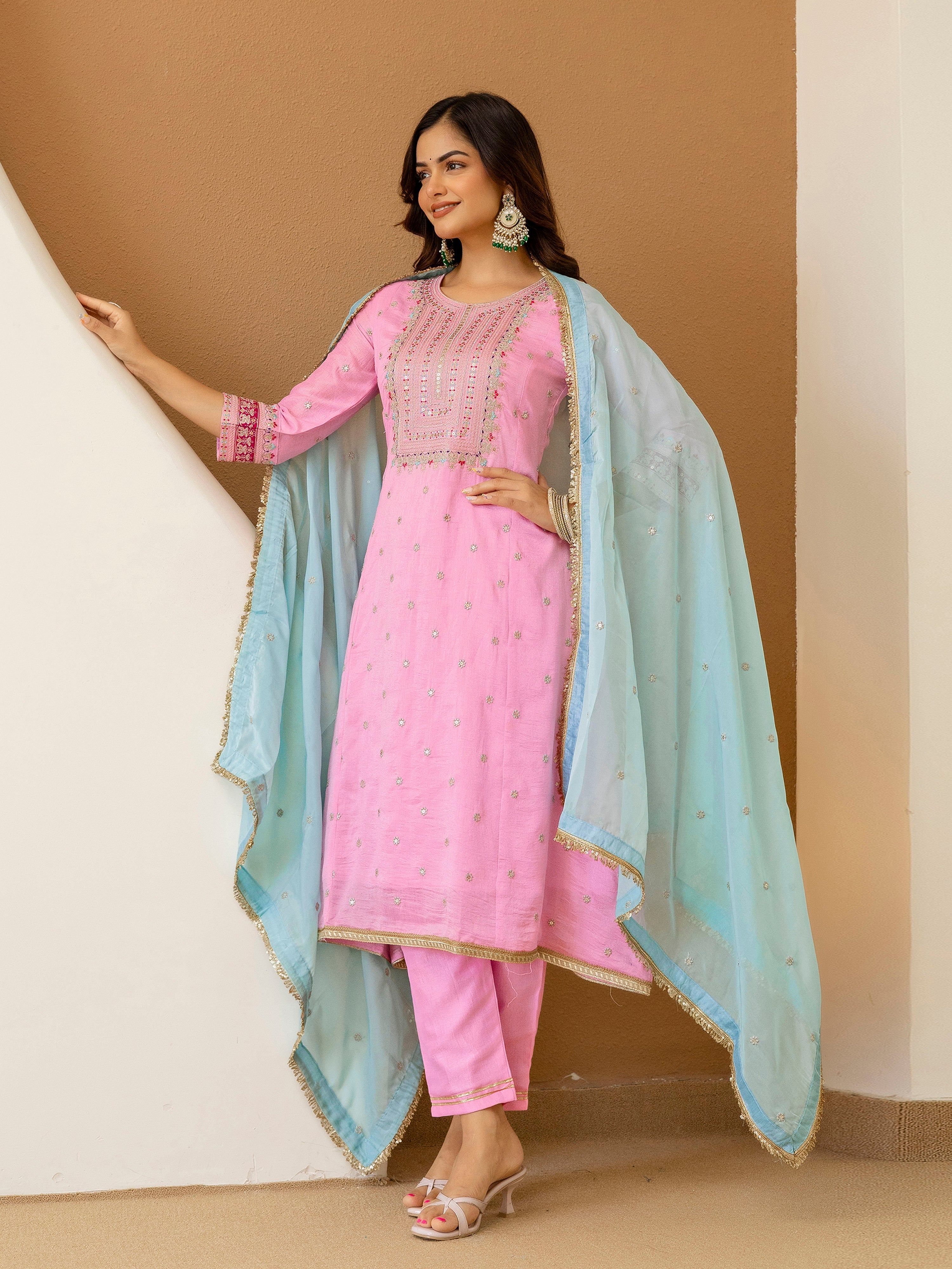 Light Pink Art Silk Embroidery work A line Kurta Pant Set with Dupatta For Women Trendmallsin
