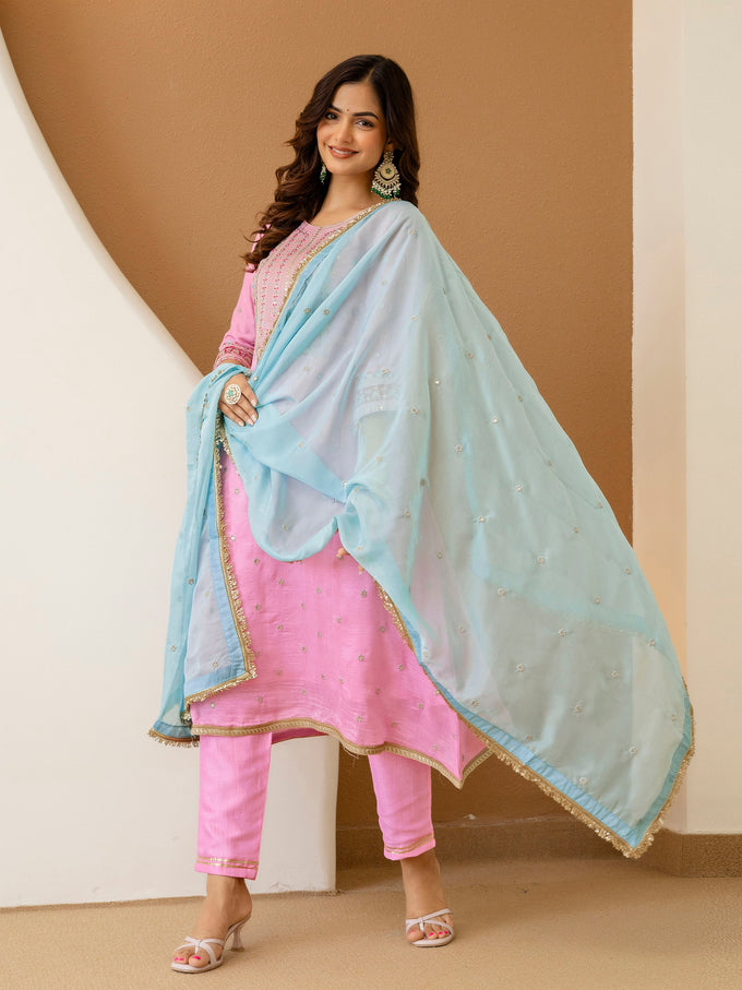 Light Pink Art Silk Embroidery work A line Kurta Pant Set with Dupatta For Women Trendmallsin