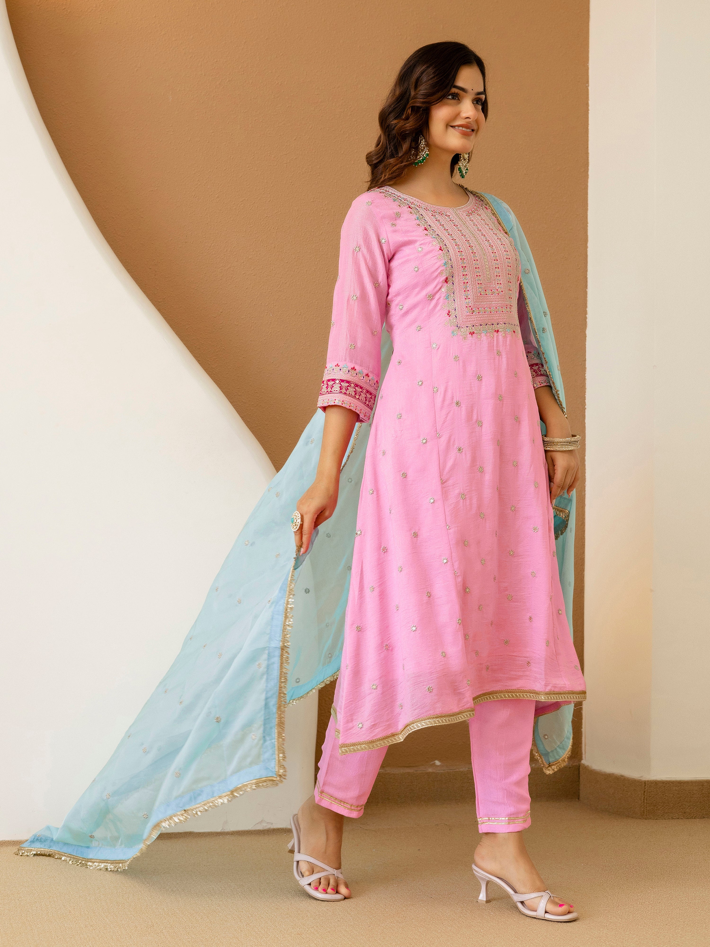 Light Pink Art Silk Embroidery work A line Kurta Pant Set with Dupatta For Women Trendmallsin