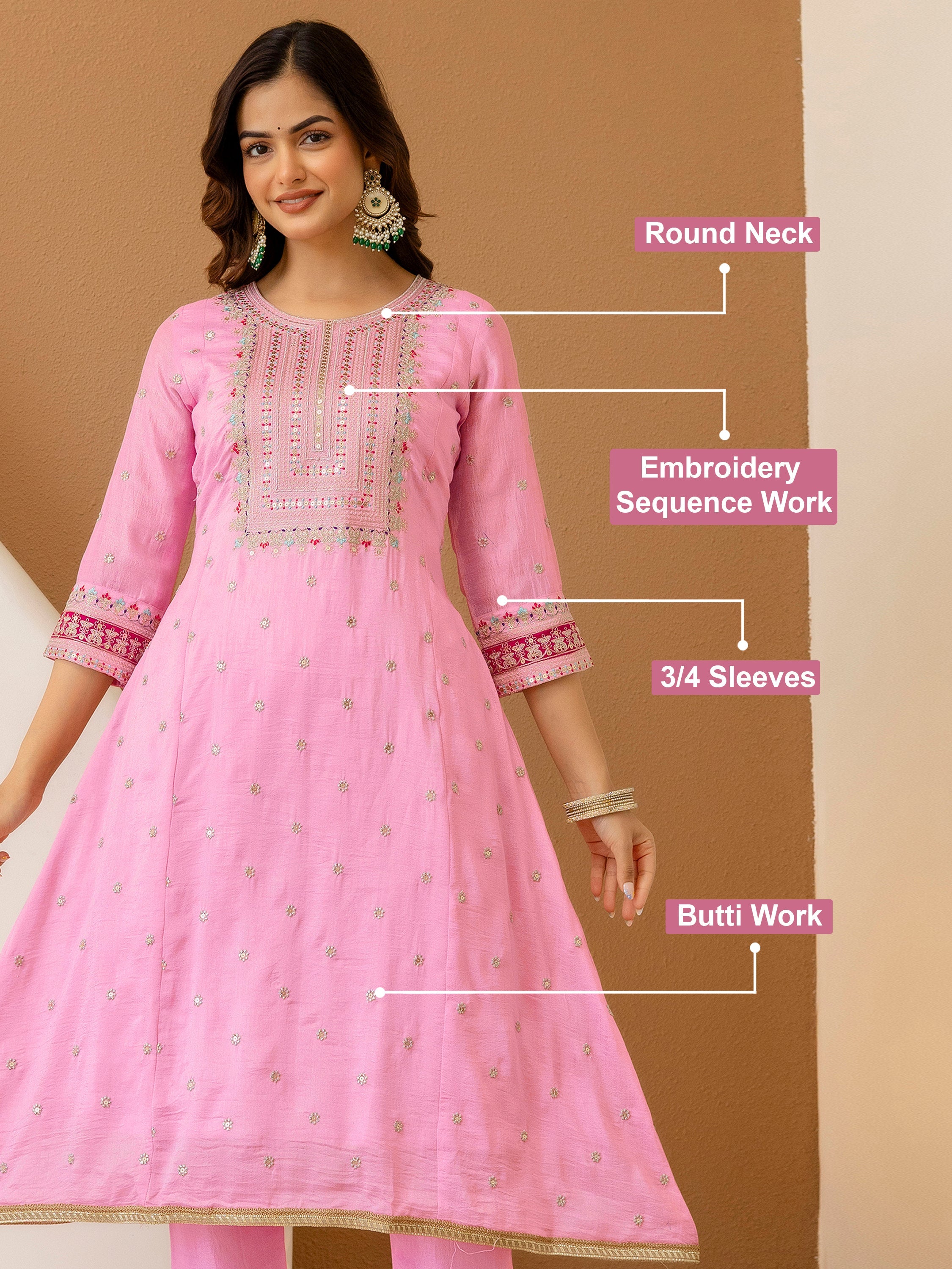 Light Pink Art Silk Embroidery work A line Kurta Pant Set with Dupatta For Women Trendmallsin