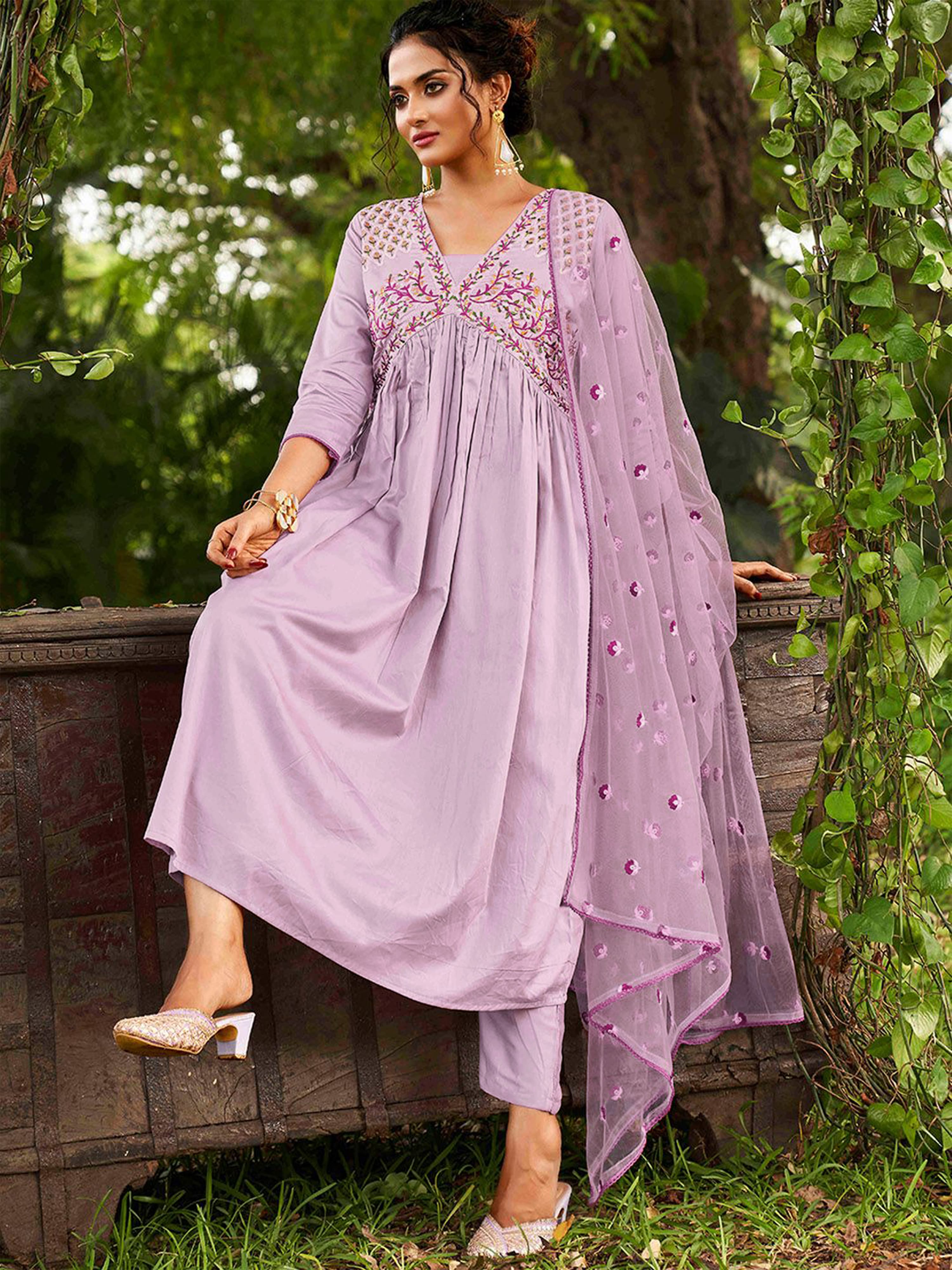 Purple Chanderi Silk Embroidery A line Alia Cut Salwar Suit Set with Dupatta For Women's Trendmallsin