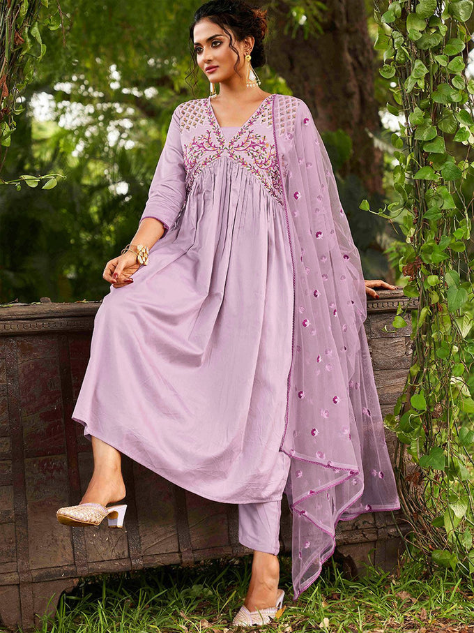 Purple Chanderi Silk Embroidery A line Alia Cut Salwar Suit Set with Dupatta For Women's Trendmallsin