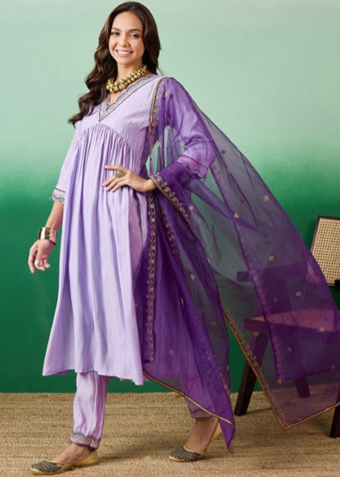 Light Purple Chanderi Embroidery Salwar Suit with Dupatta Set For Women's Trendmalls