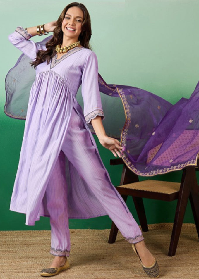 Light Purple Chanderi Embroidery Salwar Suit with Dupatta Set For Women's Trendmalls